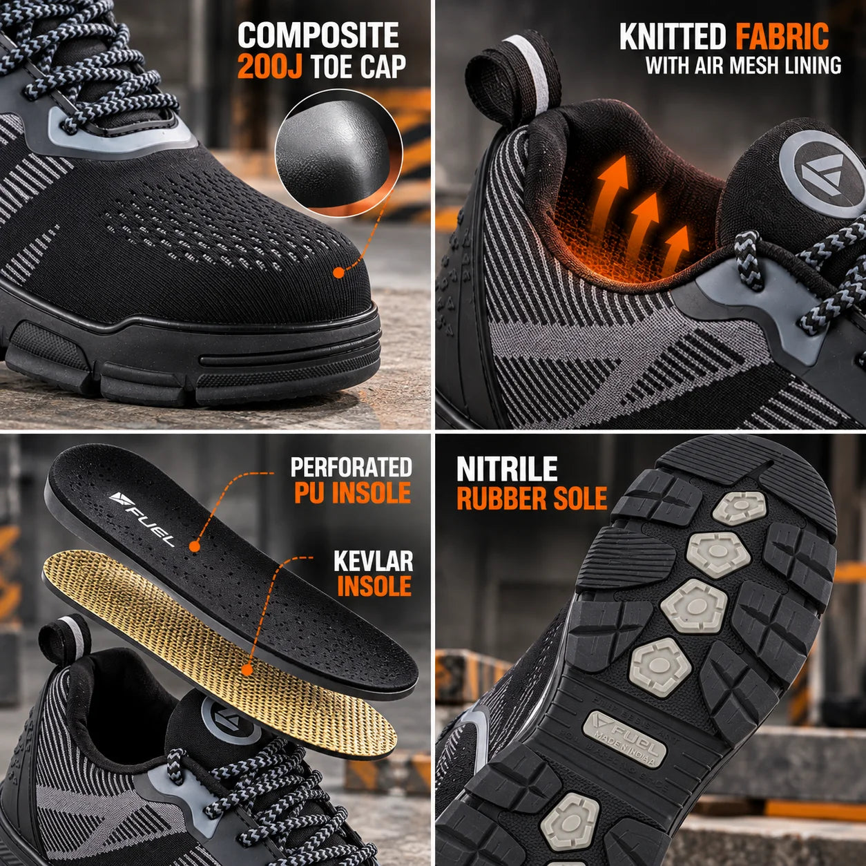 FUEL Reevon-02 Lightweight Knitted Fabric Upper in Kevlar Insole Industrial Safety Shoes with Composit toe cap (200J)
