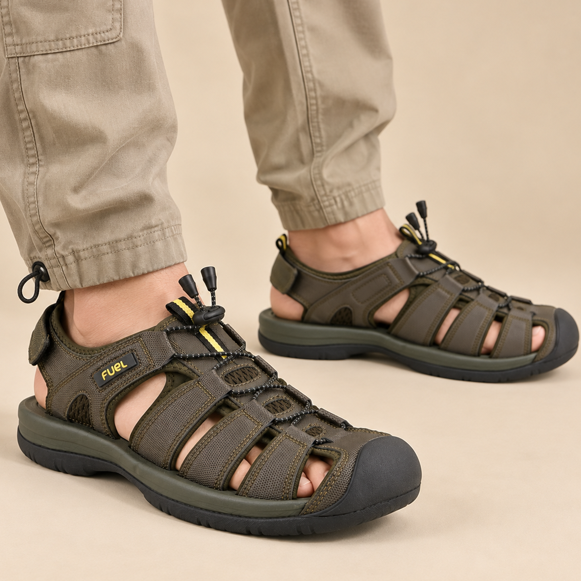 FUEL Commando Comfortable & Breathable Men’s Flexible Fisherman Outdoor Sandals with Protective Toe Cap (Olive)