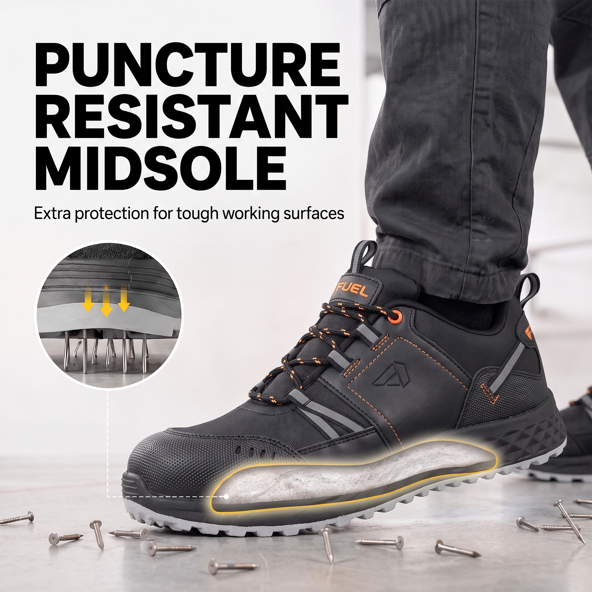 FUEL Flute Synthetic Upper & PVC double density Sole Industrial Steel Toe Safety Shoes for Men (Black)