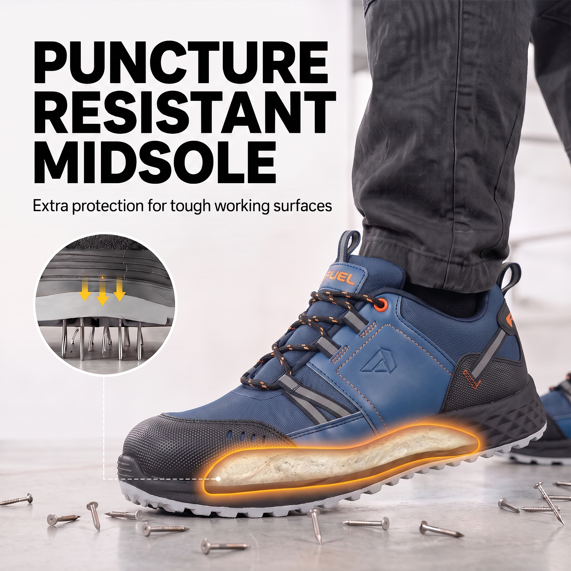 FUEL Flute Synthetic Upper & PVC double density Sole Industrial Steel Toe Safety Shoes for Men (Blue)