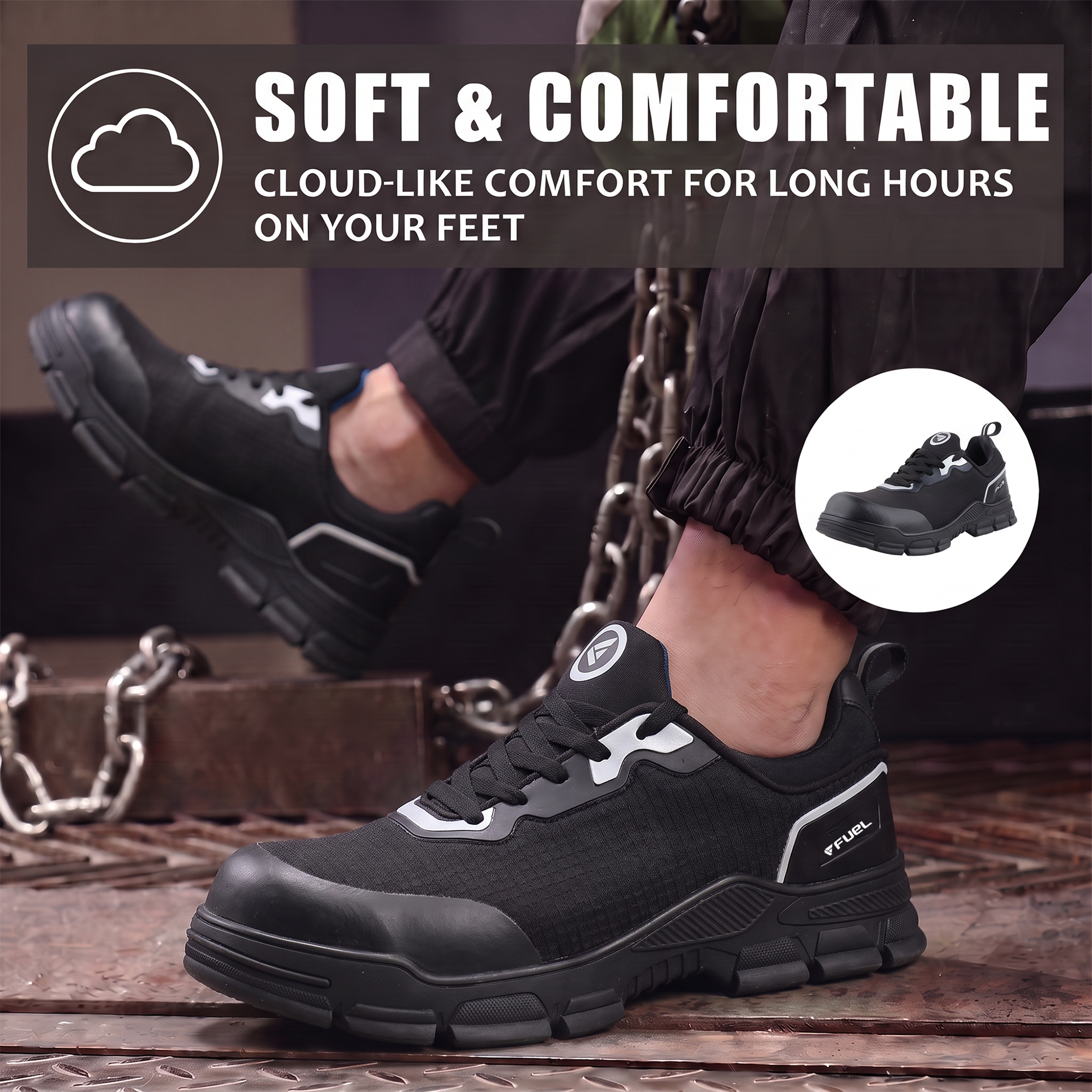 FUEL Reevon-01 Fabric Upper with Nitrile Rubber Sole Safety Shoes in 200J Composit Toe Cap (Black)