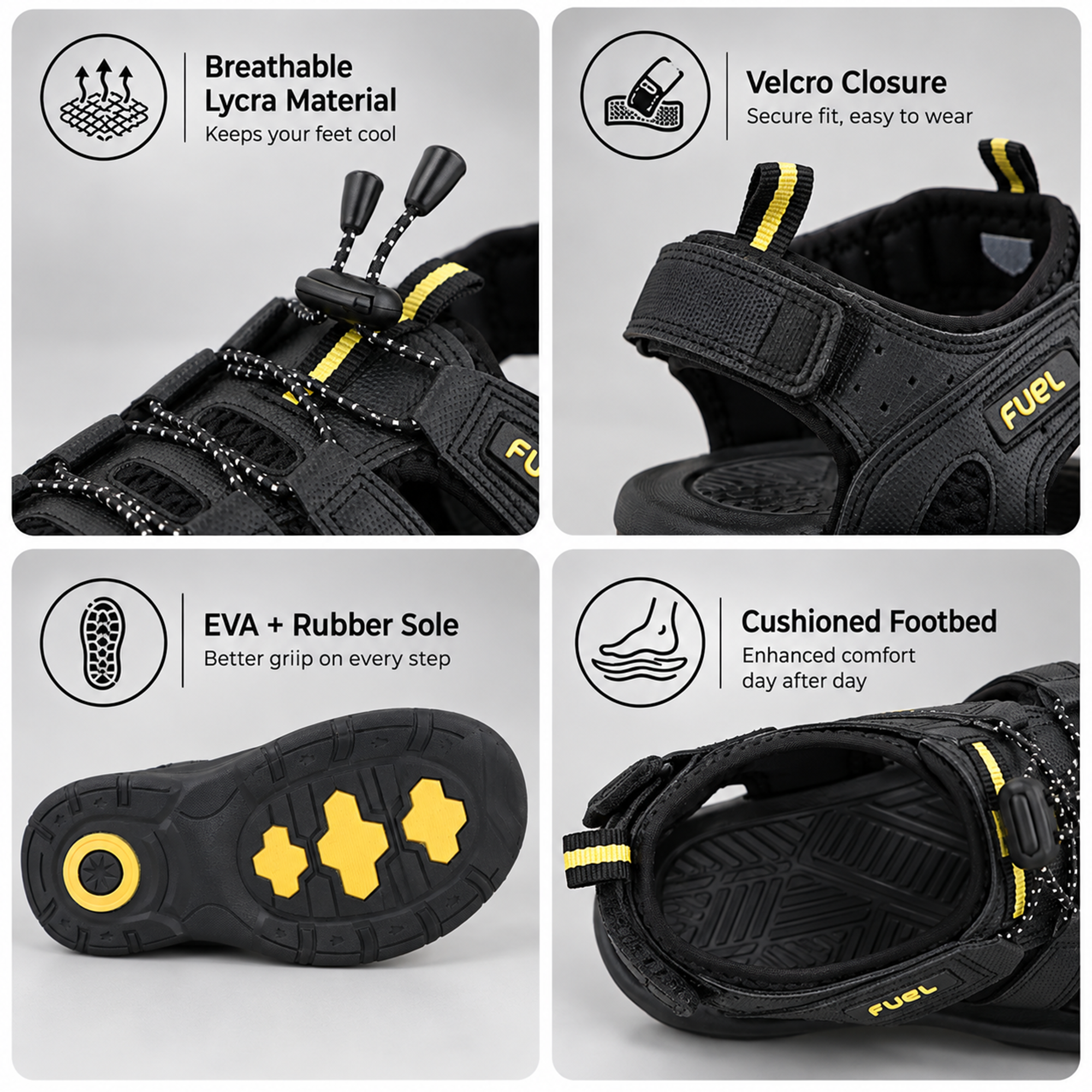 FUEL Commando Comfortable & Breathable Men’s Flexible Fisherman Outdoor Sandals with Protective Toe Cap (Black)
