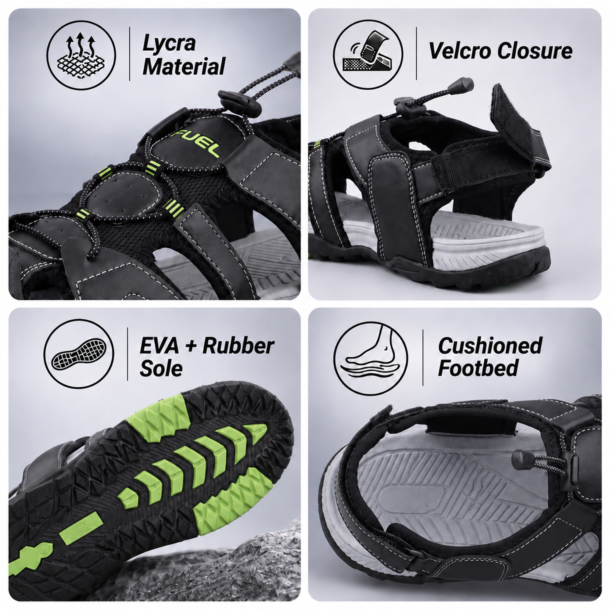 FUEL Warriors Lightweight & All-Day Comfort Sandals for Men's (Black)