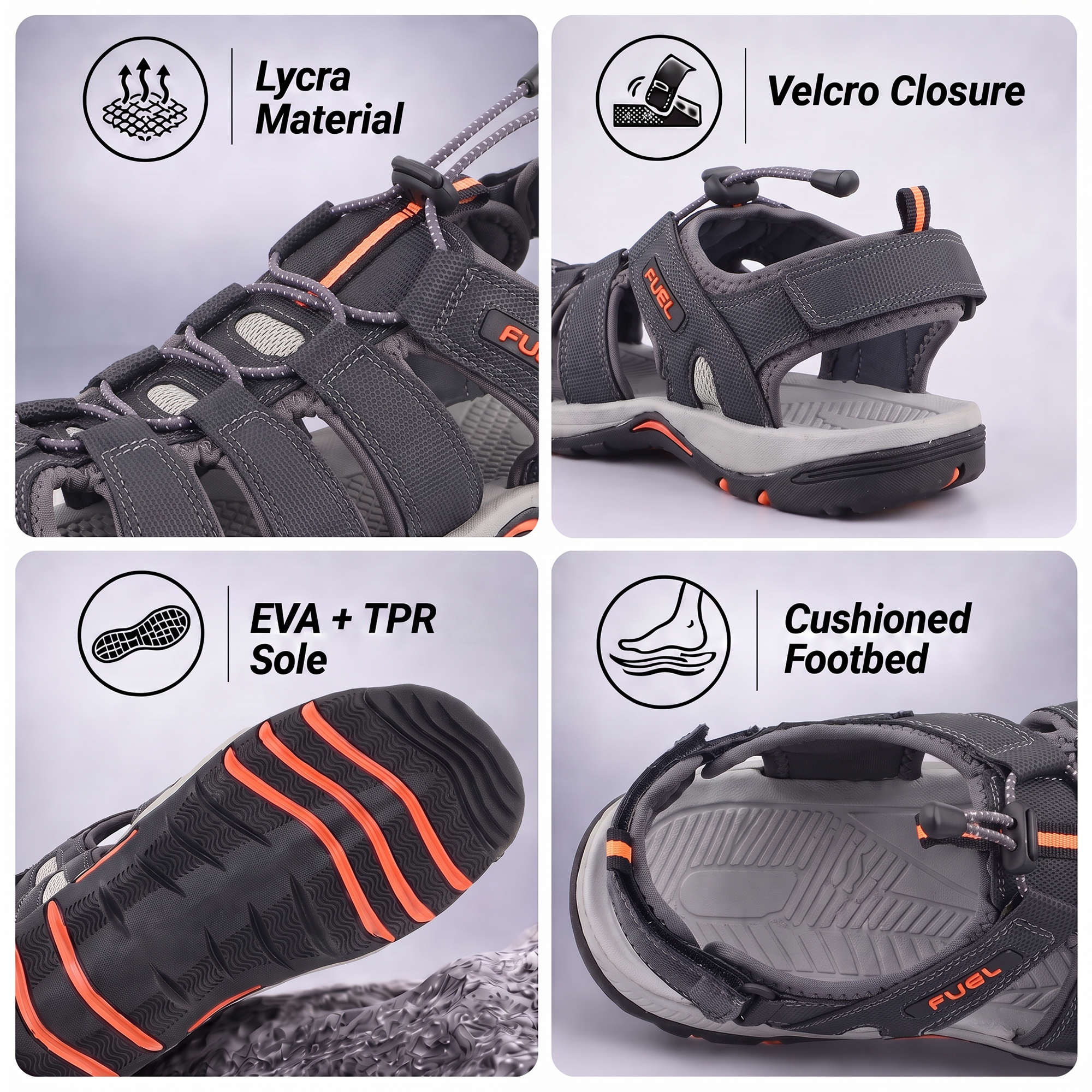 FUEL Soldier-08 Fisherman Protective Toe Cap Sandals for Men (Grey)