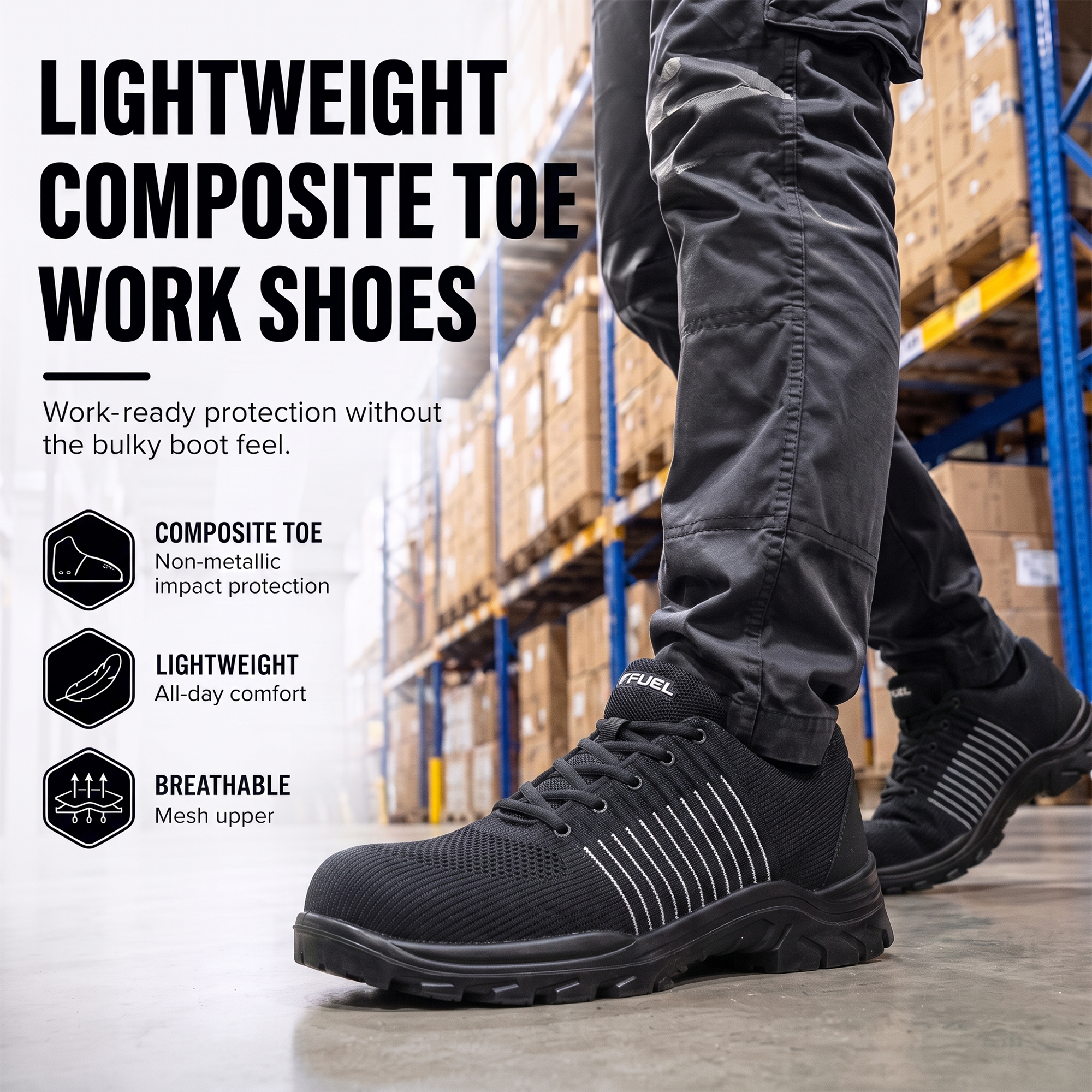FUEL Aqua Knitted Upper in  PU Sole with 200J Composite Toe Lightweight Industrial Work Safety Shoes for Men (Black)