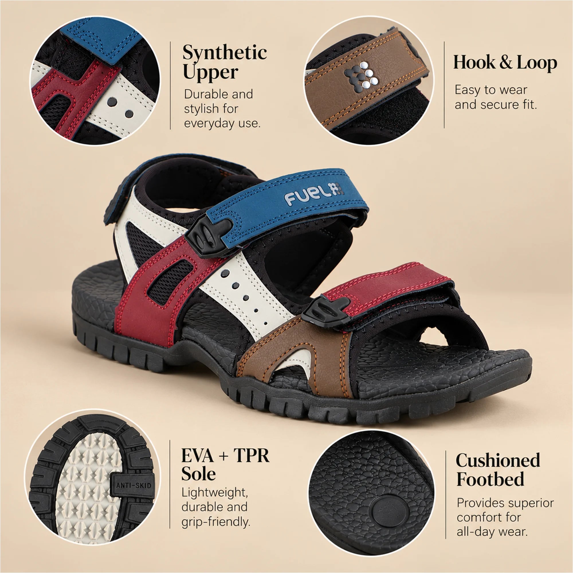 FUEL Rambo-01 Casual Sports Sandal for Men (Red)