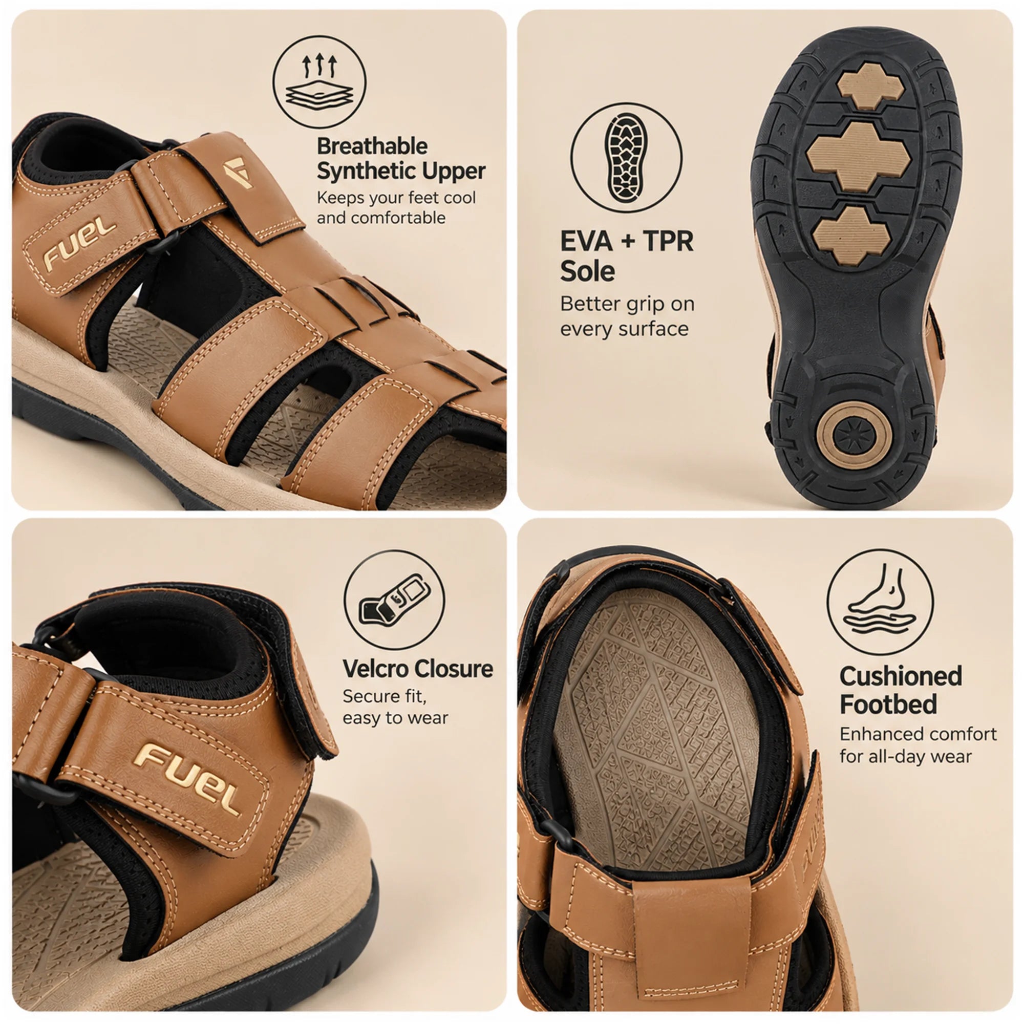 FUEL Commando-1 Comfortable Outdoor & Daily Wear  Men’s Flexible Fisherman Rubber Sandals with Protective Toe Cap (Tan)