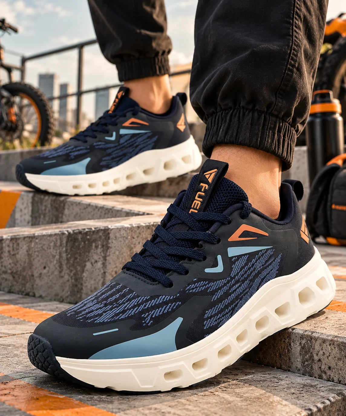FUEL Sprintx Sports Shoes for Men – Comfortable Mesh Lace-Up Shoes with Cushioned Footbed and Lightweight EVA Sole for Walking, Travel, Workout & Everyday Wear (Navy)