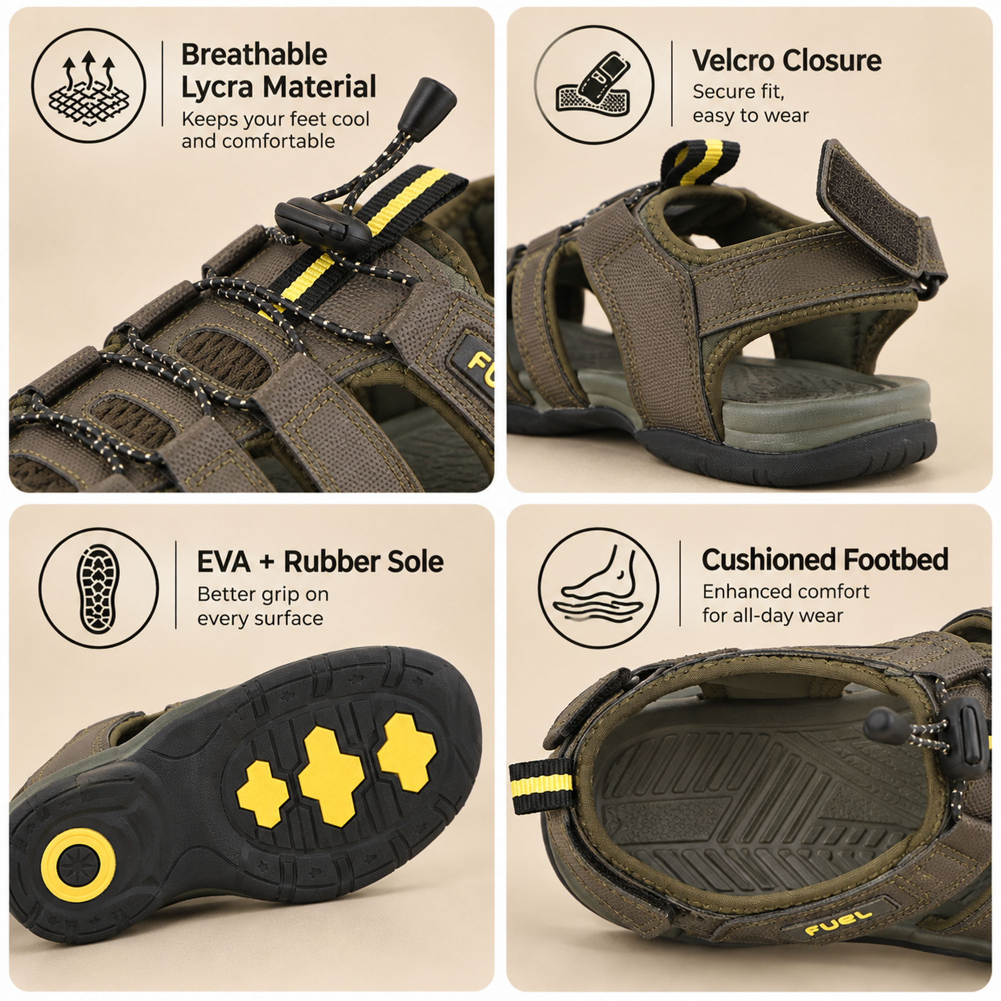 FUEL Commando Comfortable & Breathable Men’s Flexible Fisherman Outdoor Sandals with Protective Toe Cap (Olive)