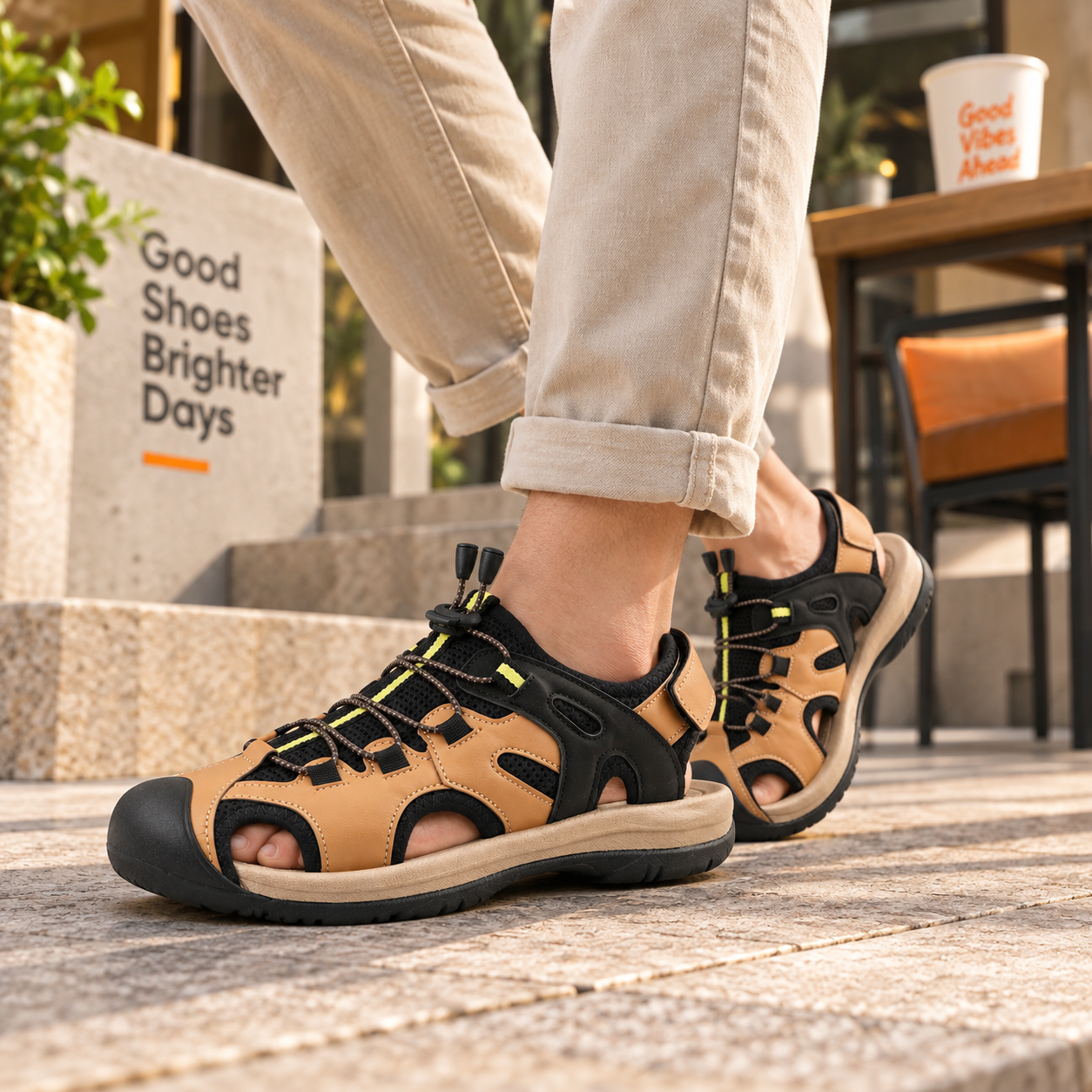 FUEL Commando-03 Fishermen Sandals | Mesh + Rexine Upper | EVA + Rubber Sole | Cushioned Footbed | Adjustable Velcro Closure (Tan)