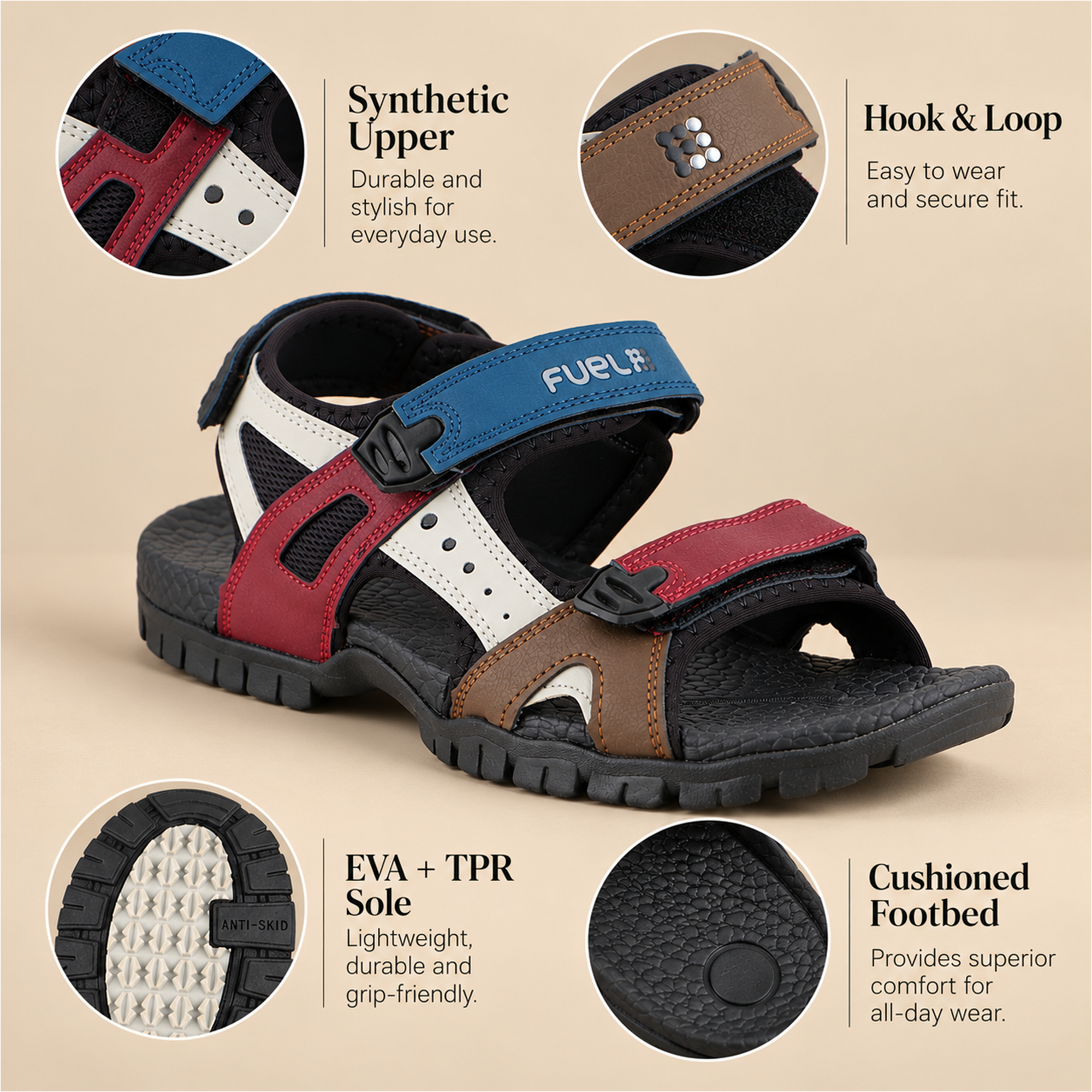 FUEL Rambo-01 Casual Sports Sandal for Men (Red)
