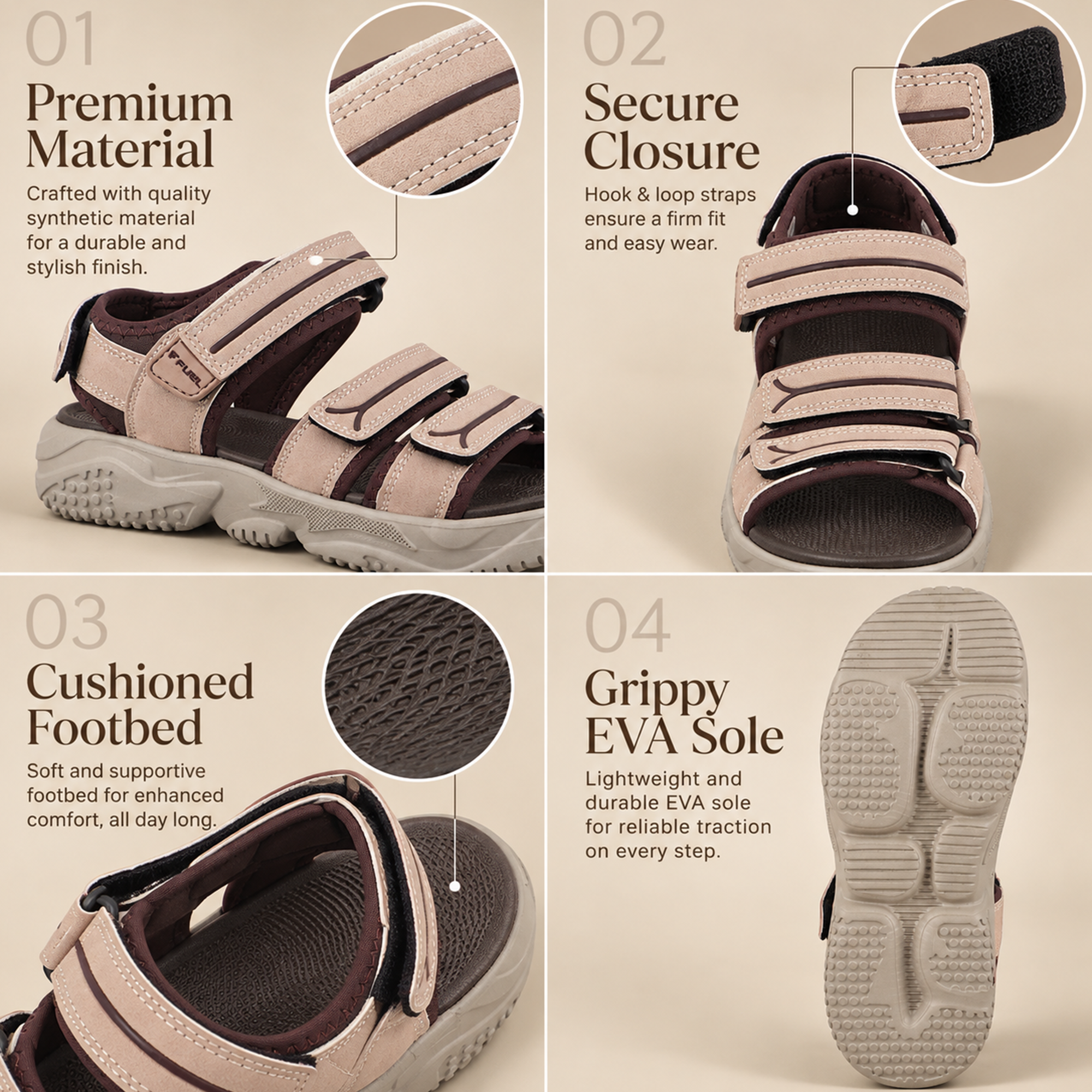 FUEL Keta Comfortable & Lightweight Sports Sandals for Men's (Brown)