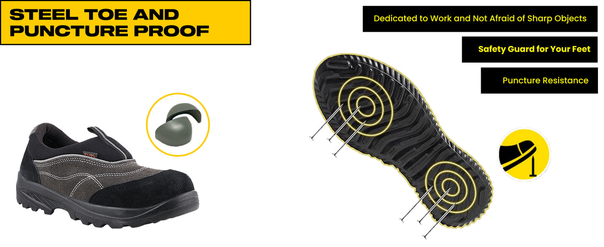 FUEL Slip-on Industrial PU Single Density Sole Safety Shoes for Men with 200J Steel Toe (Black)