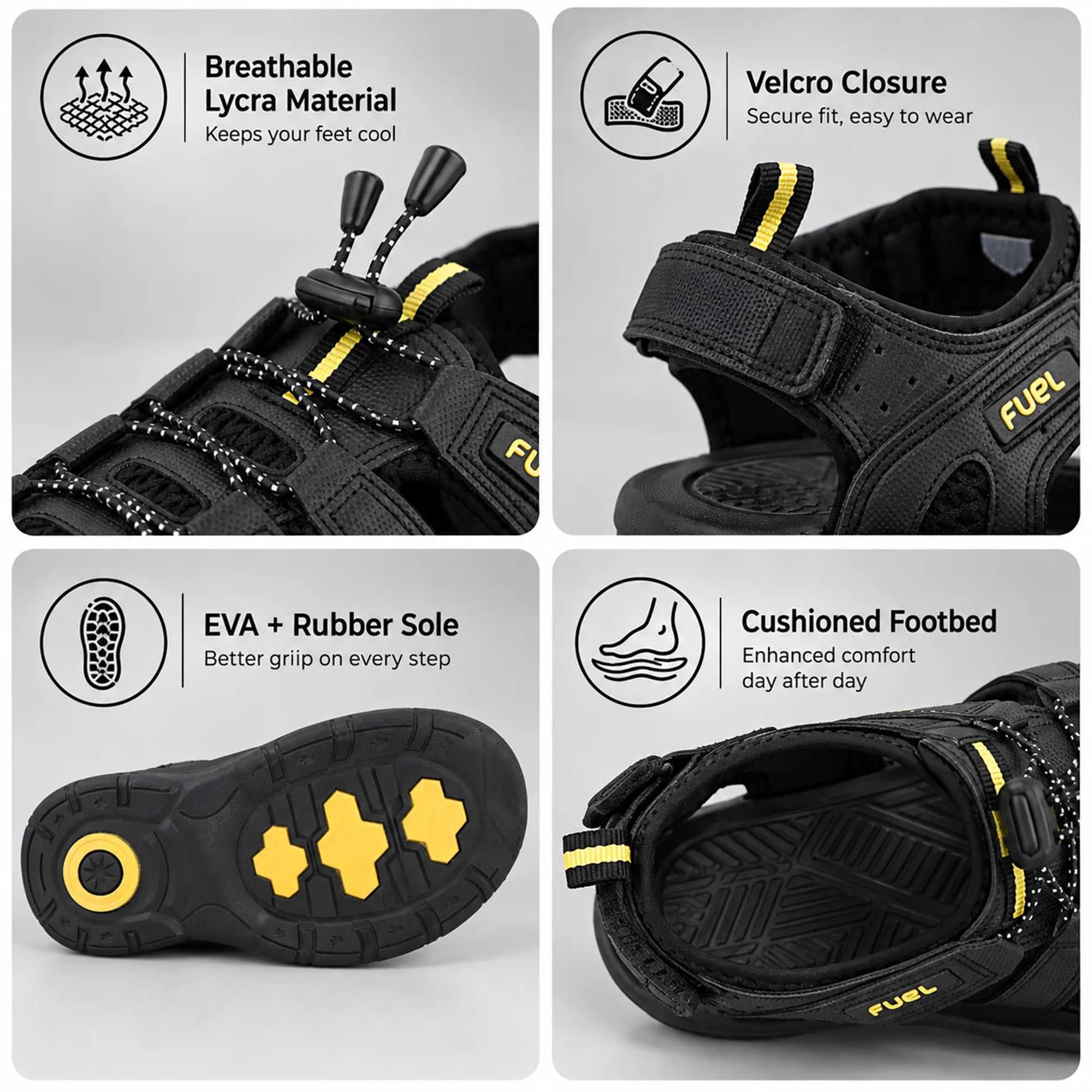 FUEL Commando Comfortable & Breathable Men’s Flexible Fisherman Outdoor Sandals with Protective Toe Cap (Black)