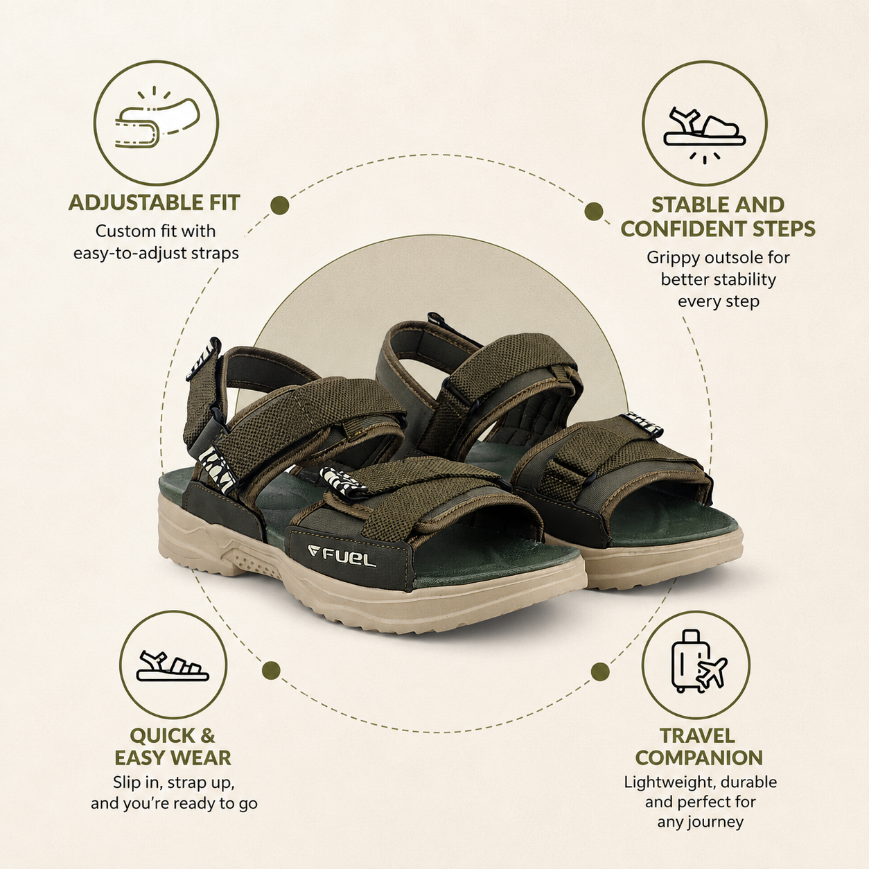 FUEL Combat-01 Breathable & Anti-Skid Outdoor Sandals For Men's (Olive)