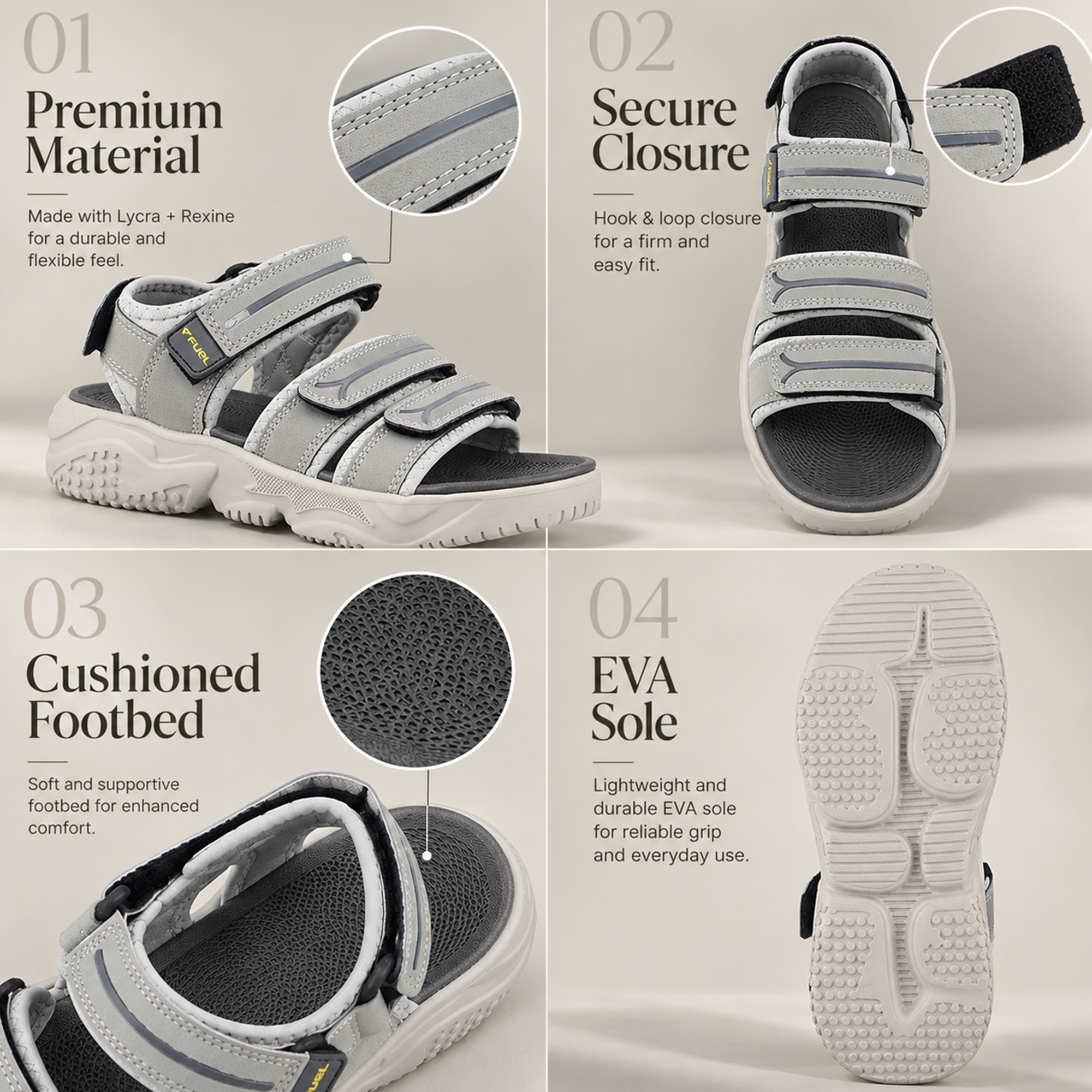 FUEL Keta Comfortable & Lightweight Sports Sandals for Men's (Grey)