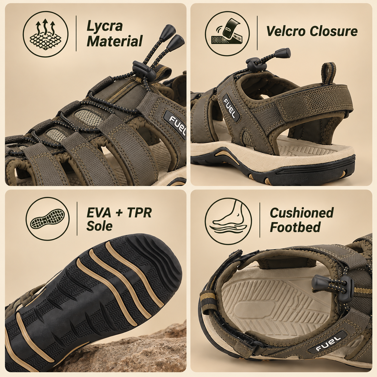 FUEL Soldier-08 Fisherman Protective Toe Cap Sandals for Men (Olive)