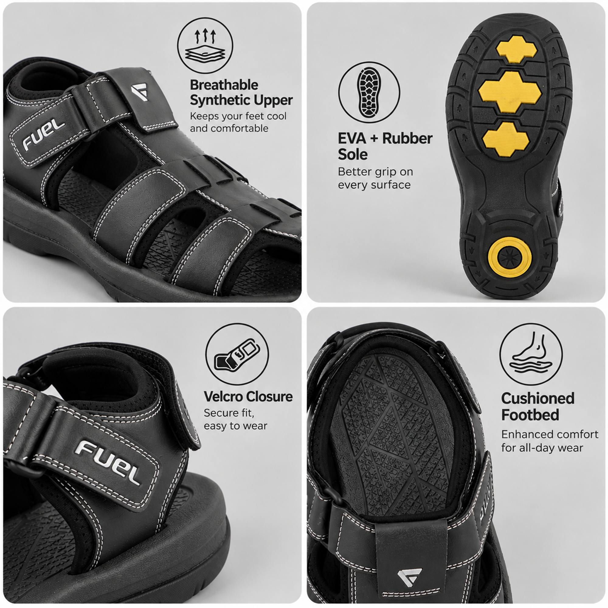 FUEL Commando-1 Comfortable Outdoor & Daily Wear  Men’s Flexible Fisherman Rubber Sandals with Protective Toe Cap (Black)