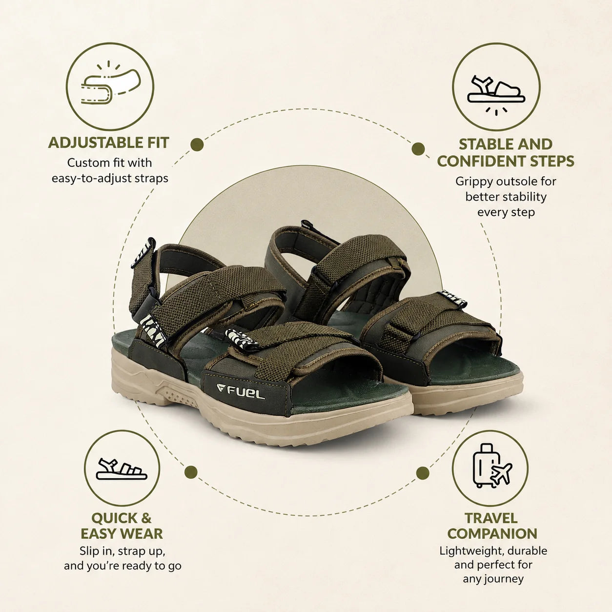 FUEL Combat-01 Breathable & Anti-Skid Outdoor Sandals For Men's (Olive)