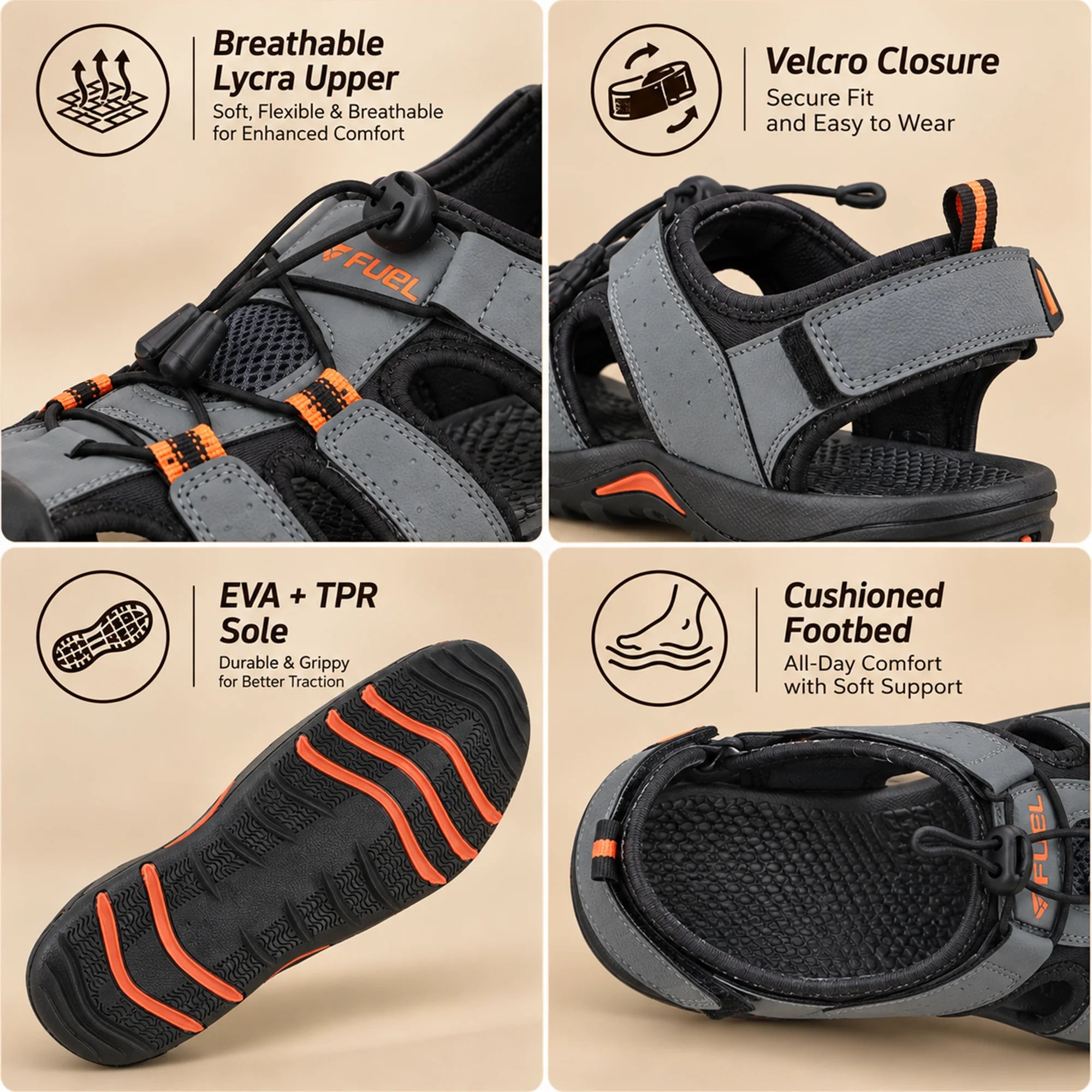 FUEL Soldier-02 Flexible Fisherman Sandals for Men (Grey)