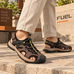 FUEL Commando-03 Fishermen Sandals | Mesh + Rexine Upper | EVA + Rubber Sole | Cushioned Footbed | Adjustable Velcro Closure (Brown)