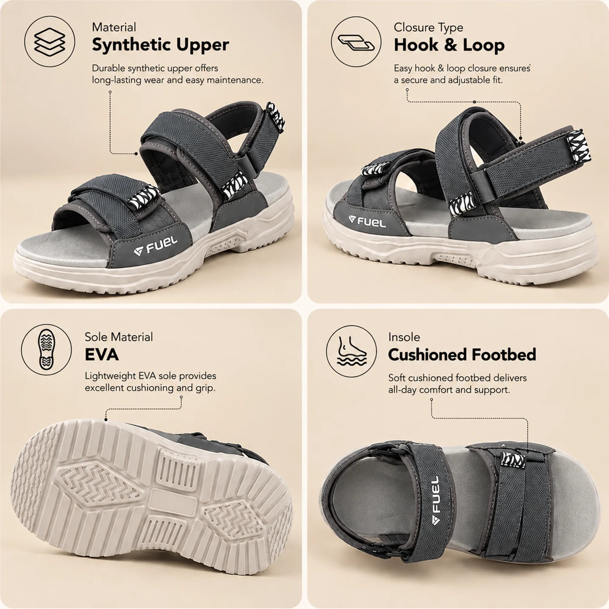 FUEL Combat-01 Breathable & Anti-Skid Outdoor Sandals For Men's (Grey)