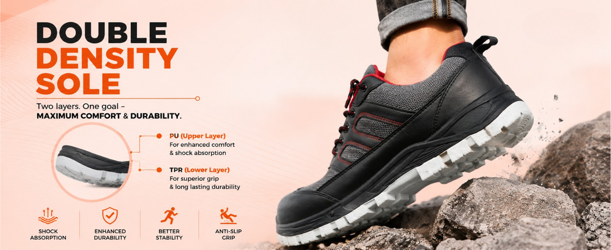 FUEL Armour 4 DD ISI Marked Synthetic Fabric Breathable Safety Shoes For Men's Steel Toe Cap With Double Density Rubberized PVC Sole (Grey)
