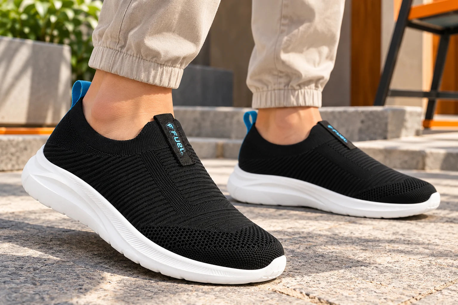 FUEL Flash-02 Soft Cushioned Insole and Breathable Knit Upper with EVA Sole & Casual Slip-On Sports Shoes for Men (Black)