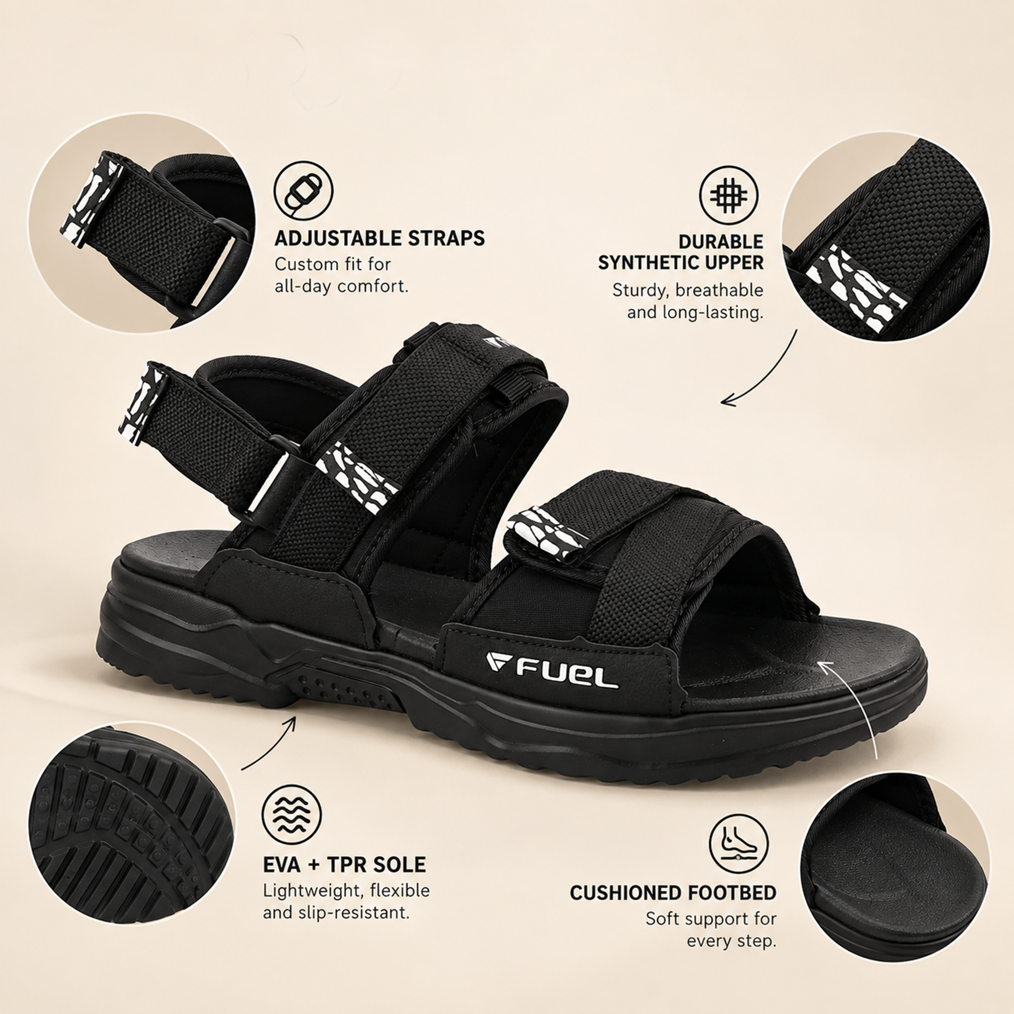 FUEL Combat-01 Breathable & Anti-Skid Outdoor Sandals For Men's (Black)