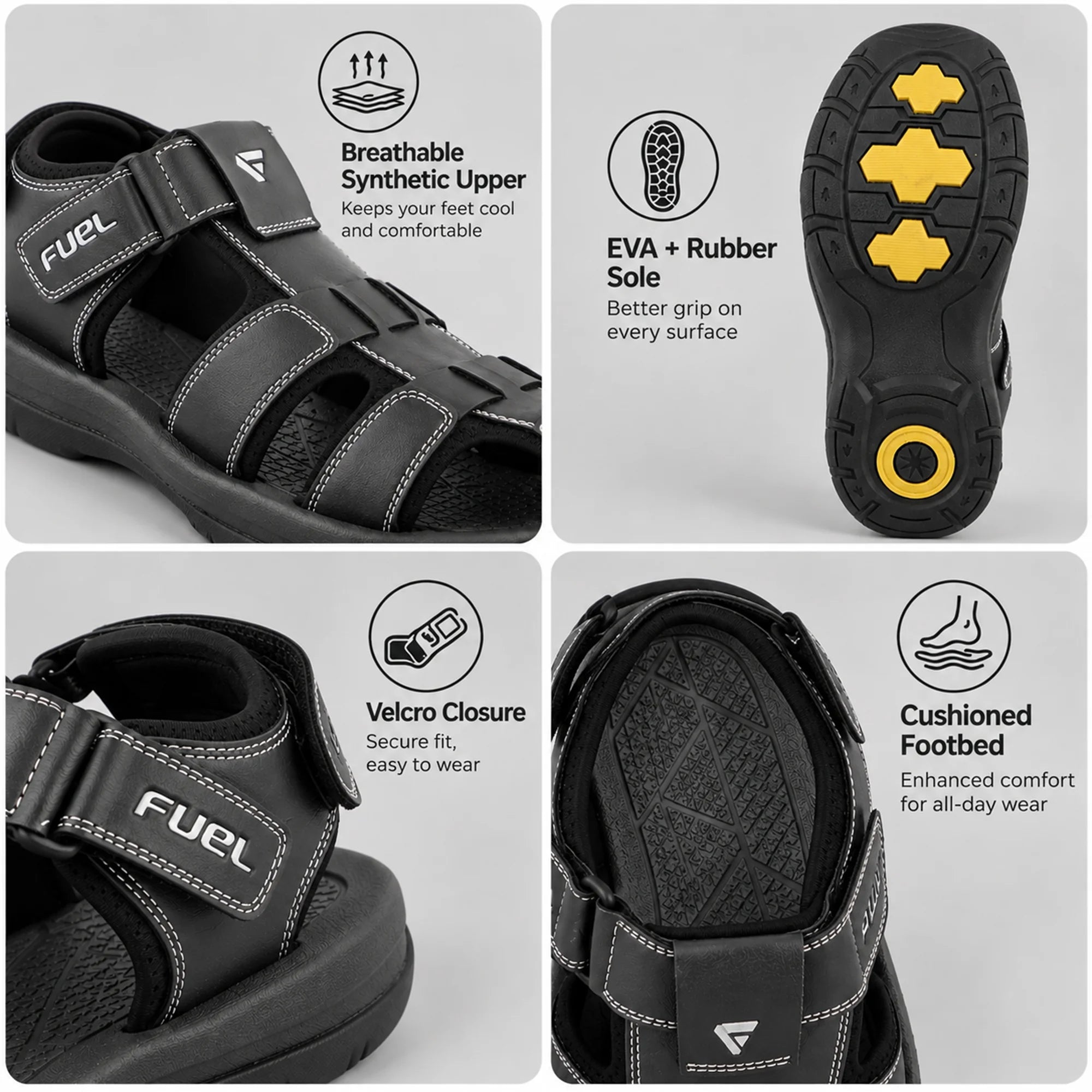 FUEL Commando-1 Comfortable Outdoor & Daily Wear  Men’s Flexible Fisherman Rubber Sandals with Protective Toe Cap (Black)