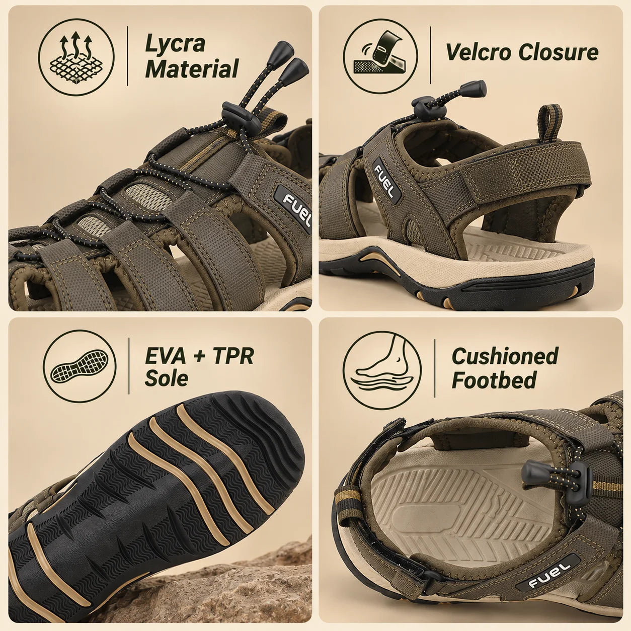 FUEL Soldier-08 Fisherman Protective Toe Cap Sandals for Men (Olive)