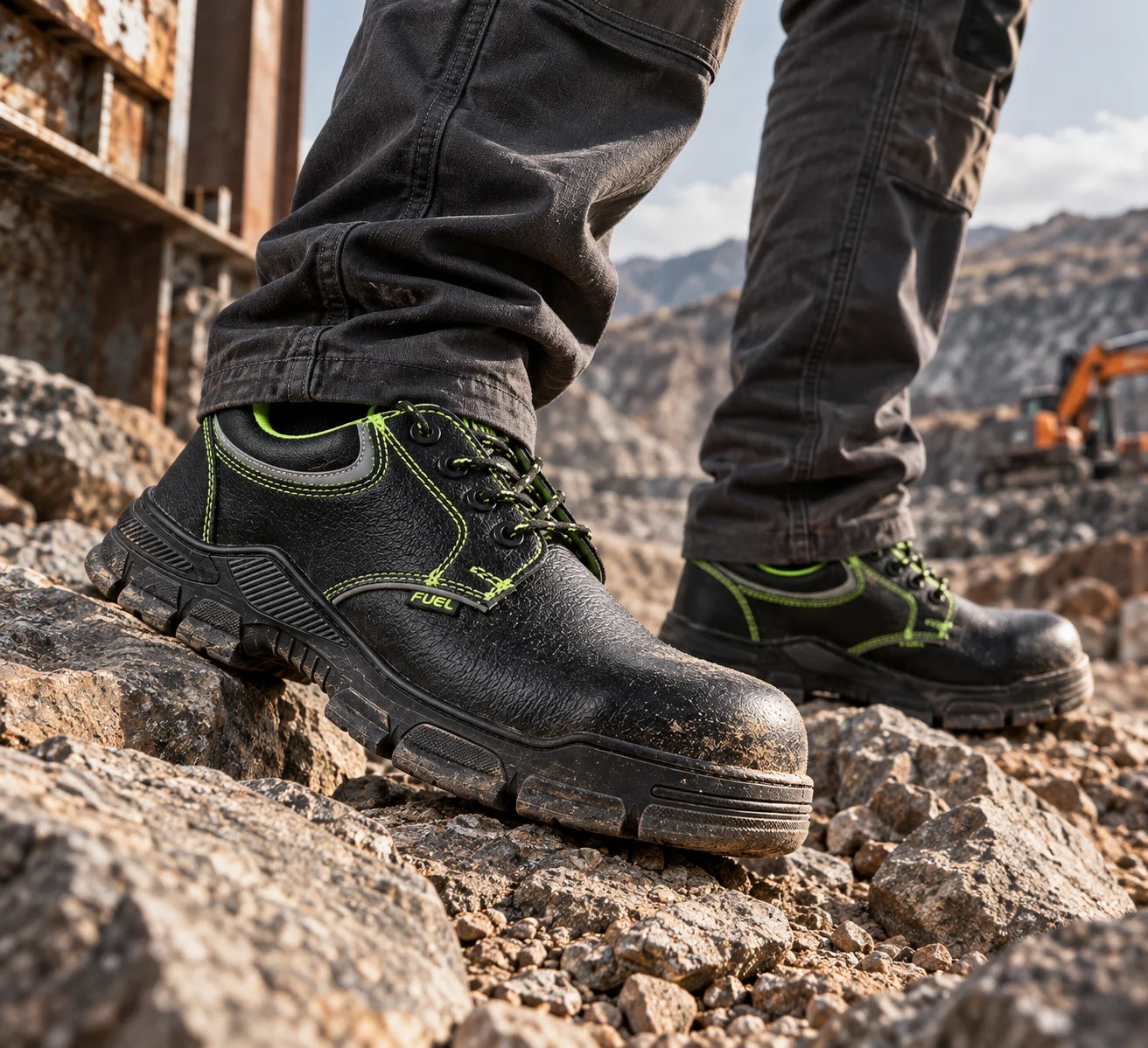 FUEL Reevon-04 Industrial Safety Shoes for Men | 200J Non-Metallic Toe Cap | Leather Upper | Kevlar Insole | Nitrile Rubber Outsole | Perforated PU In-Socks | Work Shoes