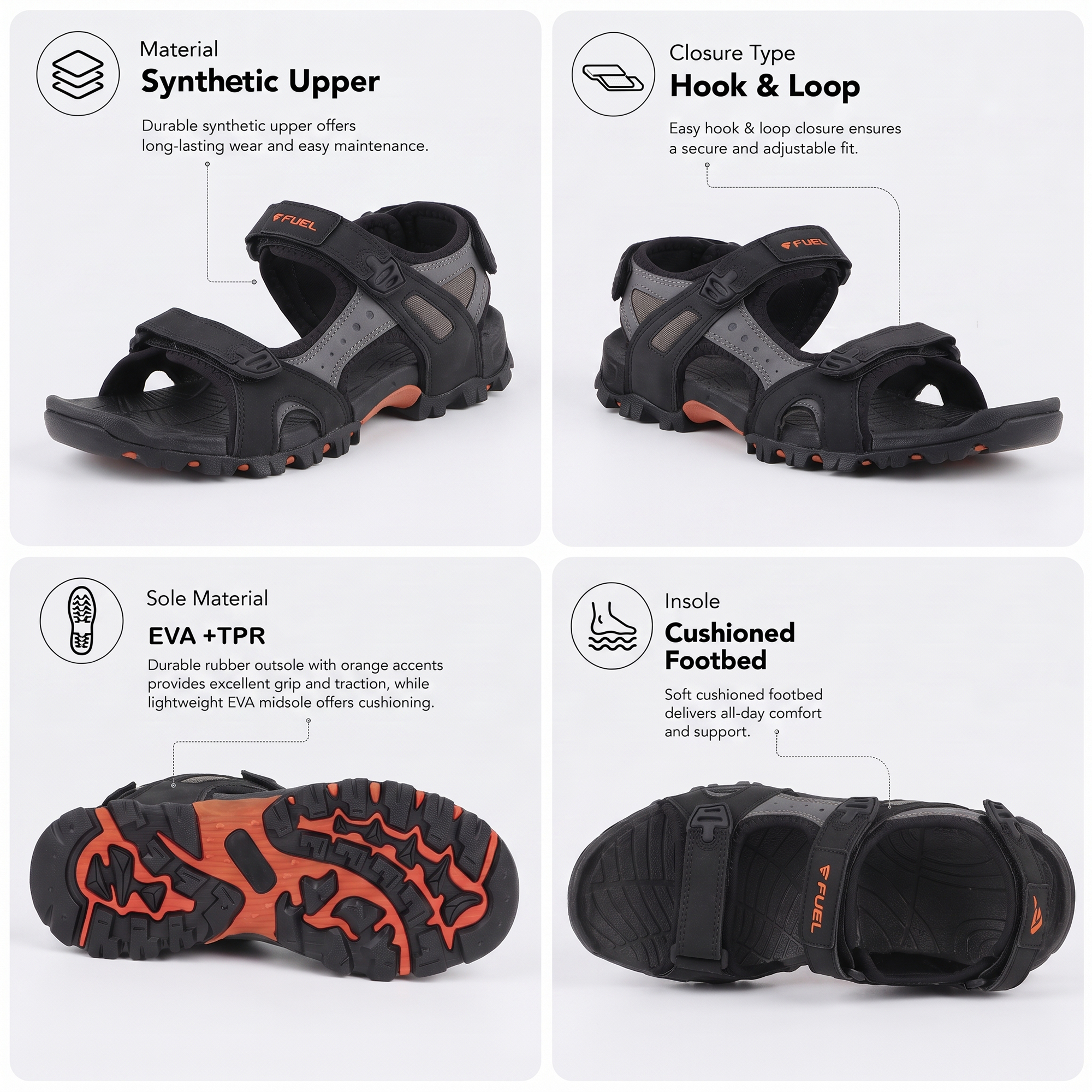 FUEL Timberland-02 Comfortable Casual Sandals for Men (Black)