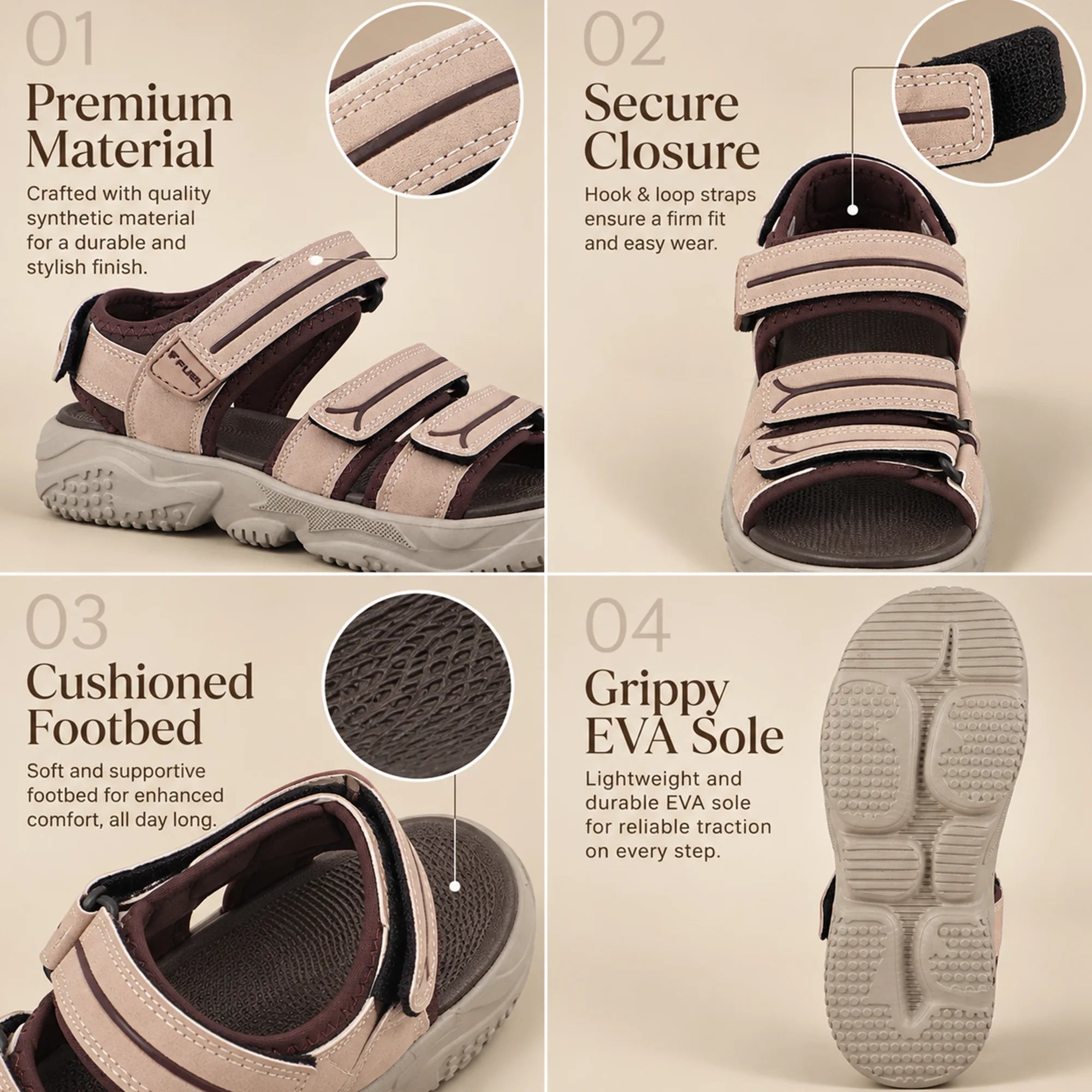FUEL Keta Comfortable & Lightweight Sports Sandals for Men's (Brown)