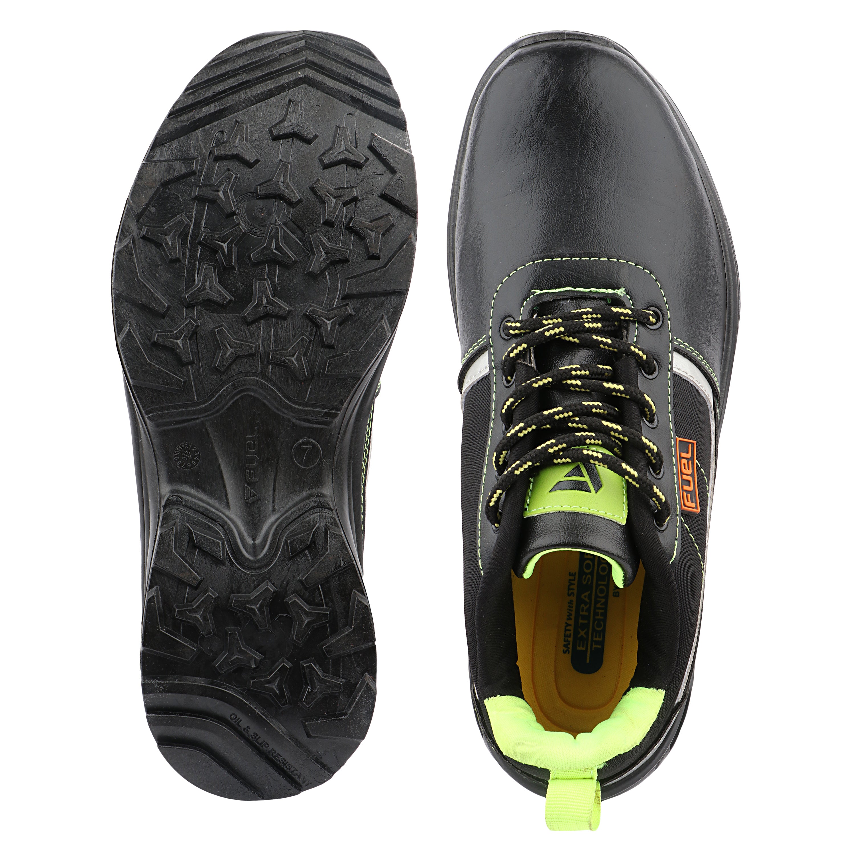 FUEL Carbon Steel Toe Safety Shoes – 100J Impact Protection, Rexine & Fabric Upper, Industrial Work Shoes (Black)
