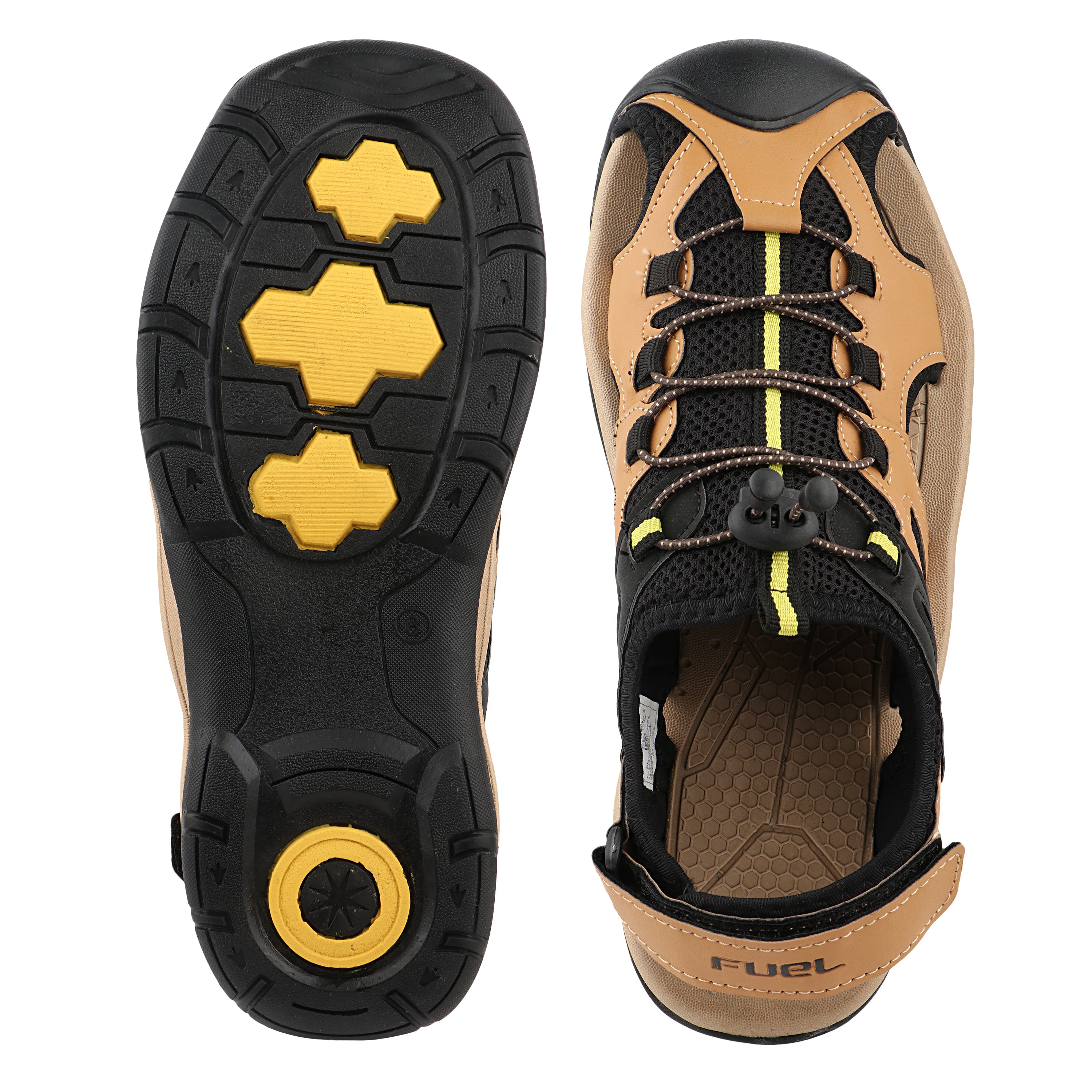 FUEL Commando-03 Fishermen Sandals | Mesh + Rexine Upper | EVA + Rubber Sole | Cushioned Footbed | Adjustable Velcro Closure (Tan)