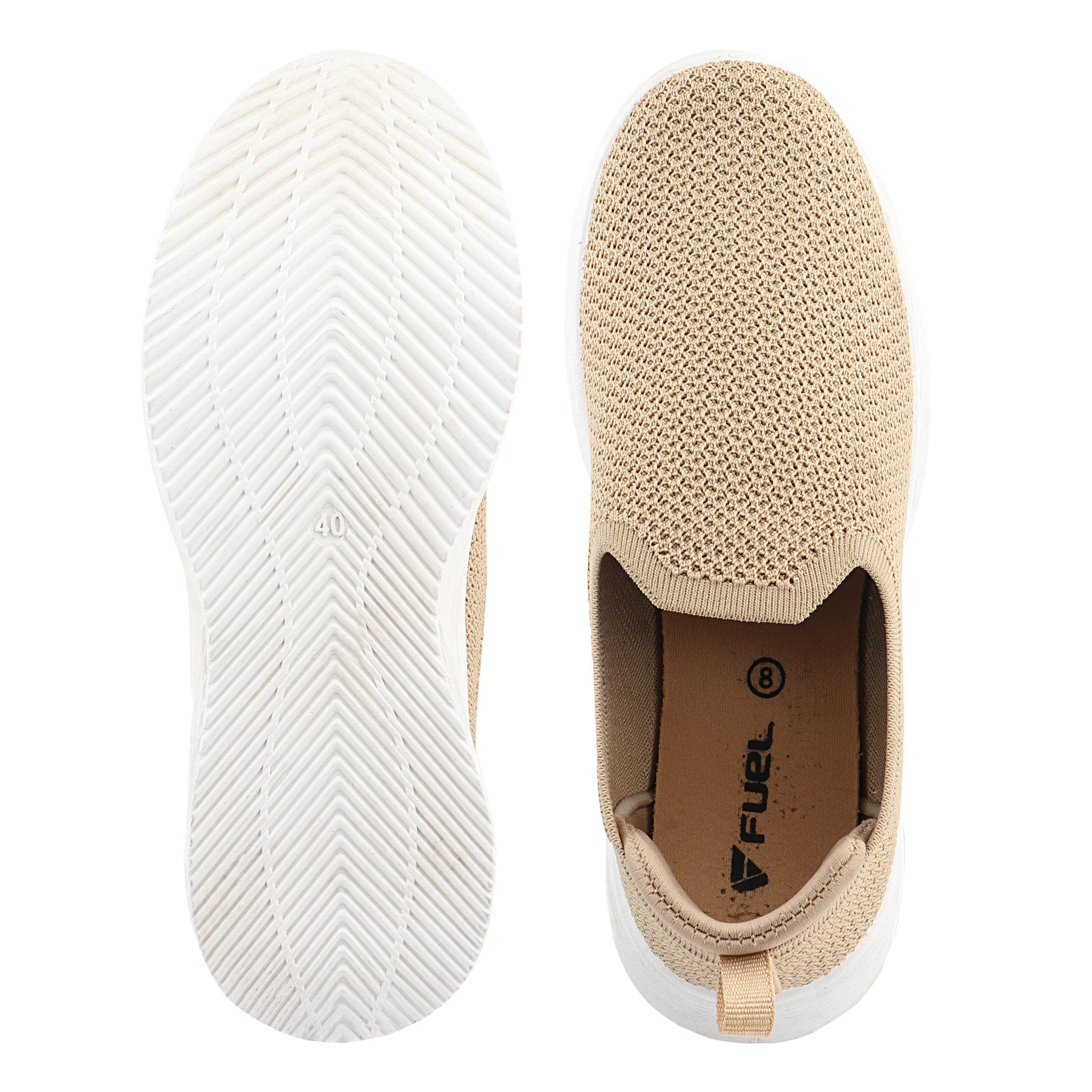 FUEL Nayasa-02 Women’s Slip-On Shoes – Modern Casual Design with Soft Knitted Upper, Cushioned Footbed and Sturdy PVC Sole for Everyday Comfort (Beige)