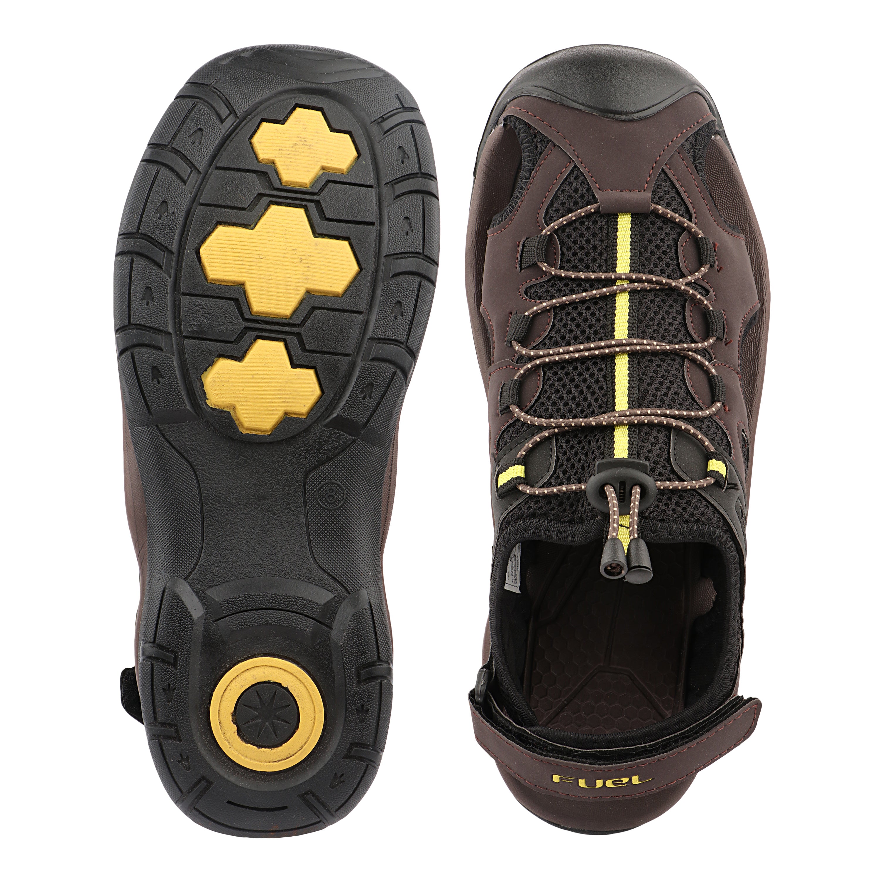 FUEL Commando-03 Fishermen Sandals | Mesh + Rexine Upper | EVA + Rubber Sole | Cushioned Footbed | Adjustable Velcro Closure (Brown)