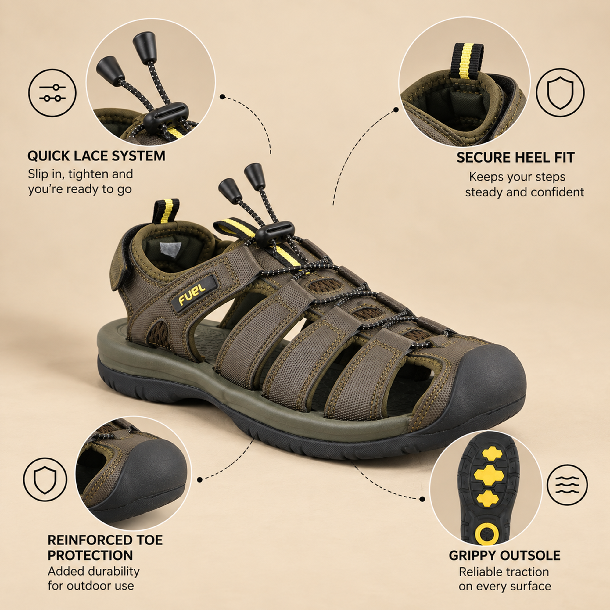 FUEL Commando Comfortable & Breathable Men’s Flexible Fisherman Outdoor Sandals with Protective Toe Cap (Olive)