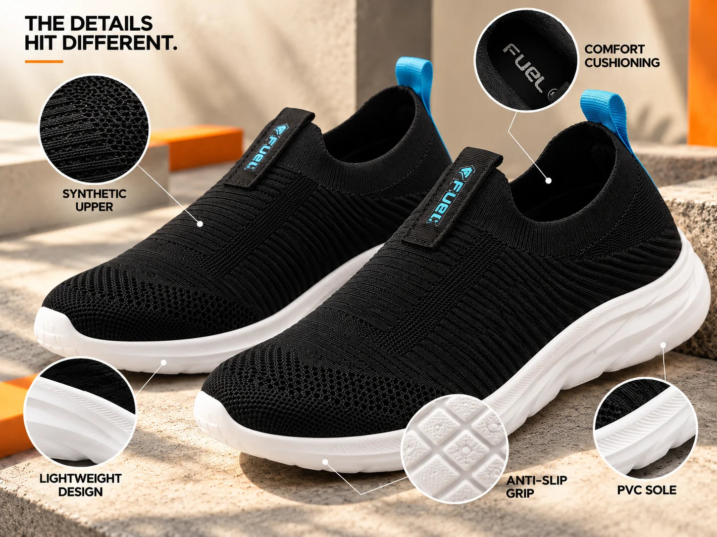 FUEL Flash-02 Soft Cushioned Insole and Breathable Knit Upper with EVA Sole & Casual Slip-On Sports Shoes for Men (Black)