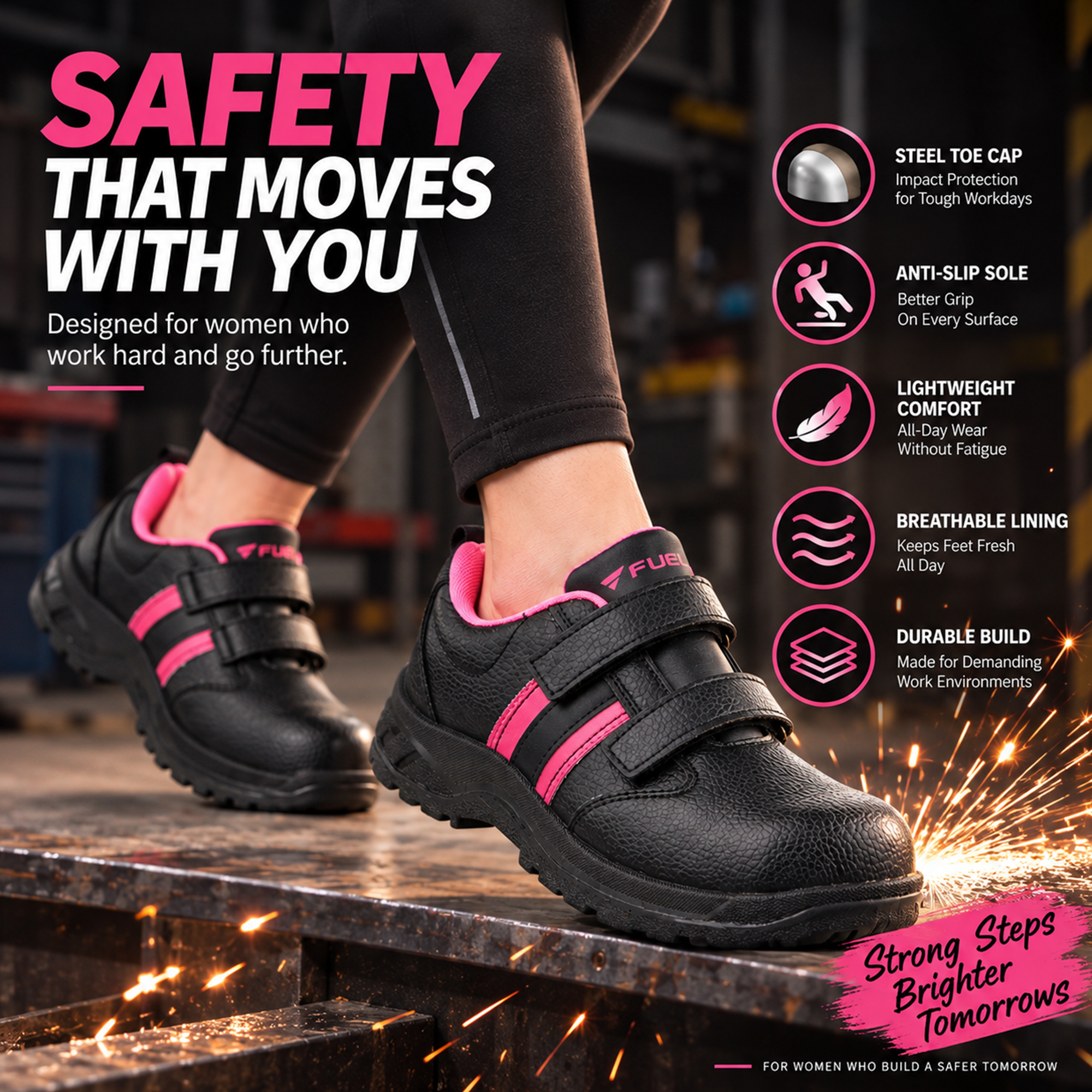 FUEL Riga Leather Safety Shoes for Women's Steel Toe Cap With Single Density PVC Sole (Pink)