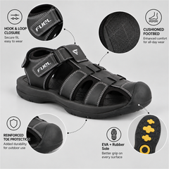 FUEL Commando-1 Comfortable Outdoor & Daily Wear  Men’s Flexible Fisherman Rubber Sandals with Protective Toe Cap (Black)
