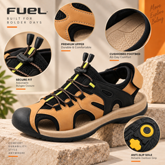 FUEL Commando-03 Fishermen Sandals | Mesh + Rexine Upper | EVA + Rubber Sole | Cushioned Footbed | Adjustable Velcro Closure (Tan)