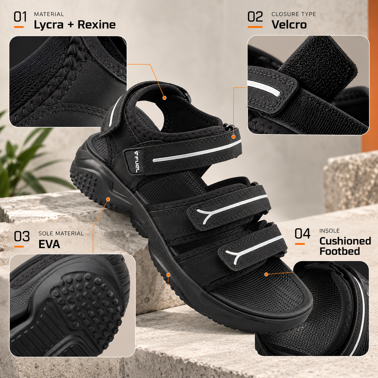 FUEL Keta Chunky Sandals for Men – Comfortable Lycra + Rexine Upper with Velcro Closure, Cushioned Footbed & Lightweight EVA Sole for Casual and Regular Wear (Black)