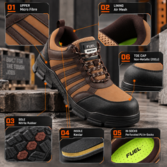 FUEL Reevon-03 Safety Shoes for Men | 200J Non-Metallic Toe Cap | Kevlar Insole | Nitrile Rubber Sole | Micro Fibre Upper | Air Mesh Lining | Industrial & Work Shoes
