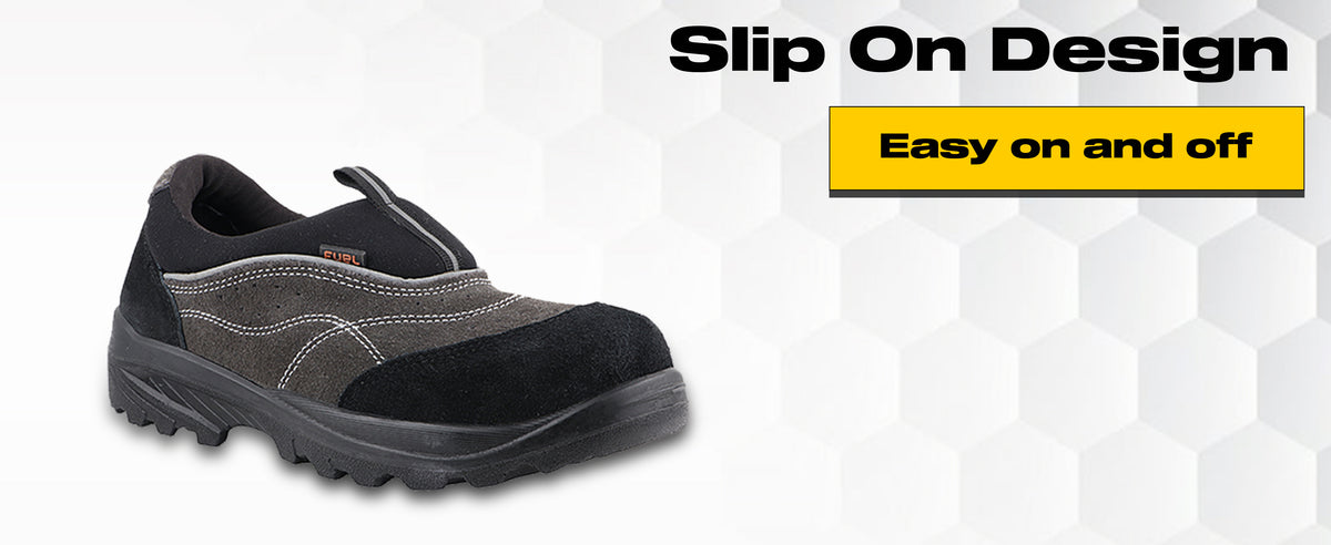 FUEL Slip-on Industrial PU Single Density Sole Safety Shoes for Men with 200J Steel Toe (Black)
