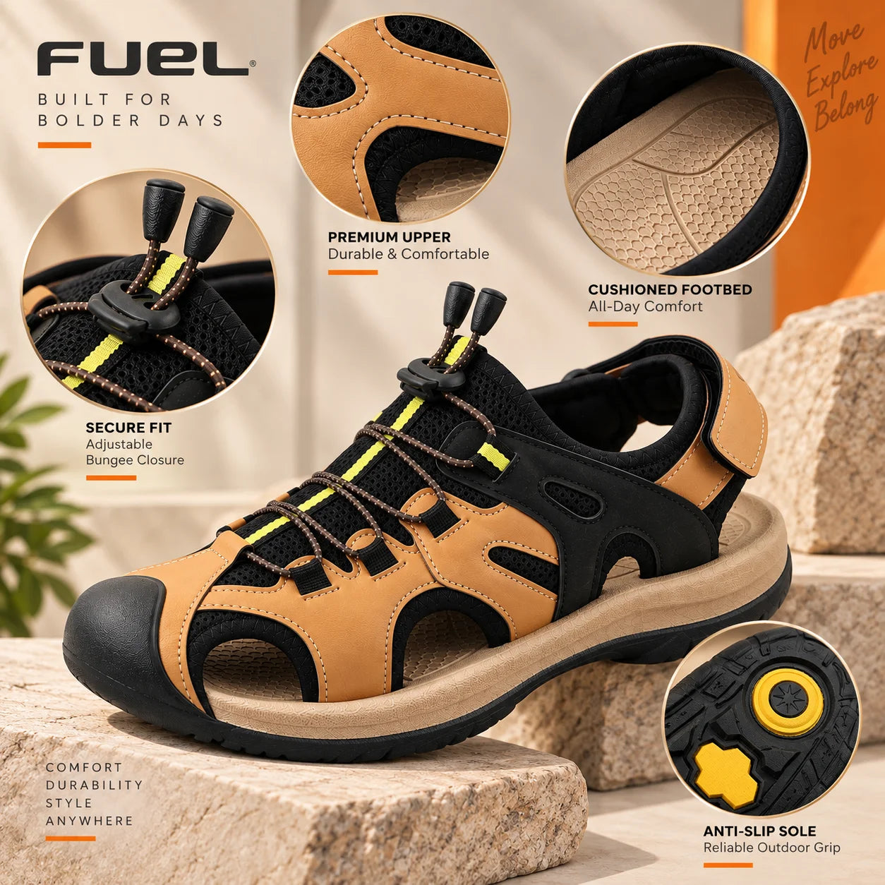 FUEL Commando-03 Fishermen Sandals | Mesh + Rexine Upper | EVA + Rubber Sole | Cushioned Footbed | Adjustable Velcro Closure (Tan)