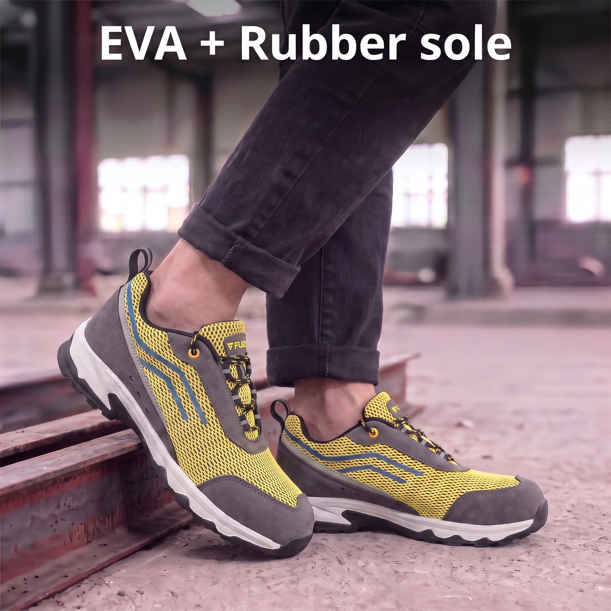 FUEL Defender EVA+Rubber Anti-Slip Sole and Breathable Mesh Upper with Lightweight Composite Toe Lace-Up Industrial Work Safety Shoes for Men's (Black)