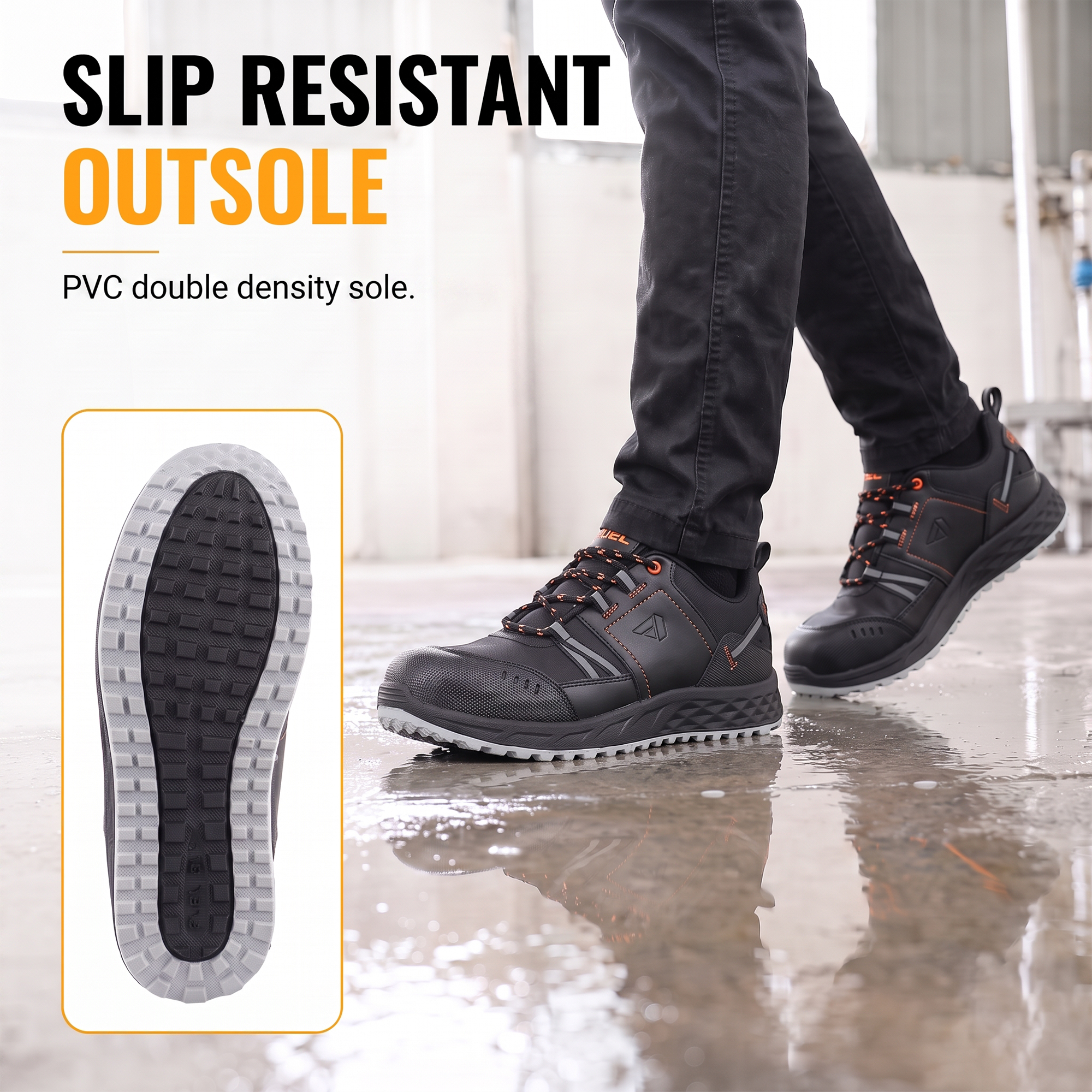 FUEL Flute Synthetic Upper & PVC double density Sole Industrial Steel Toe Safety Shoes for Men (Black)