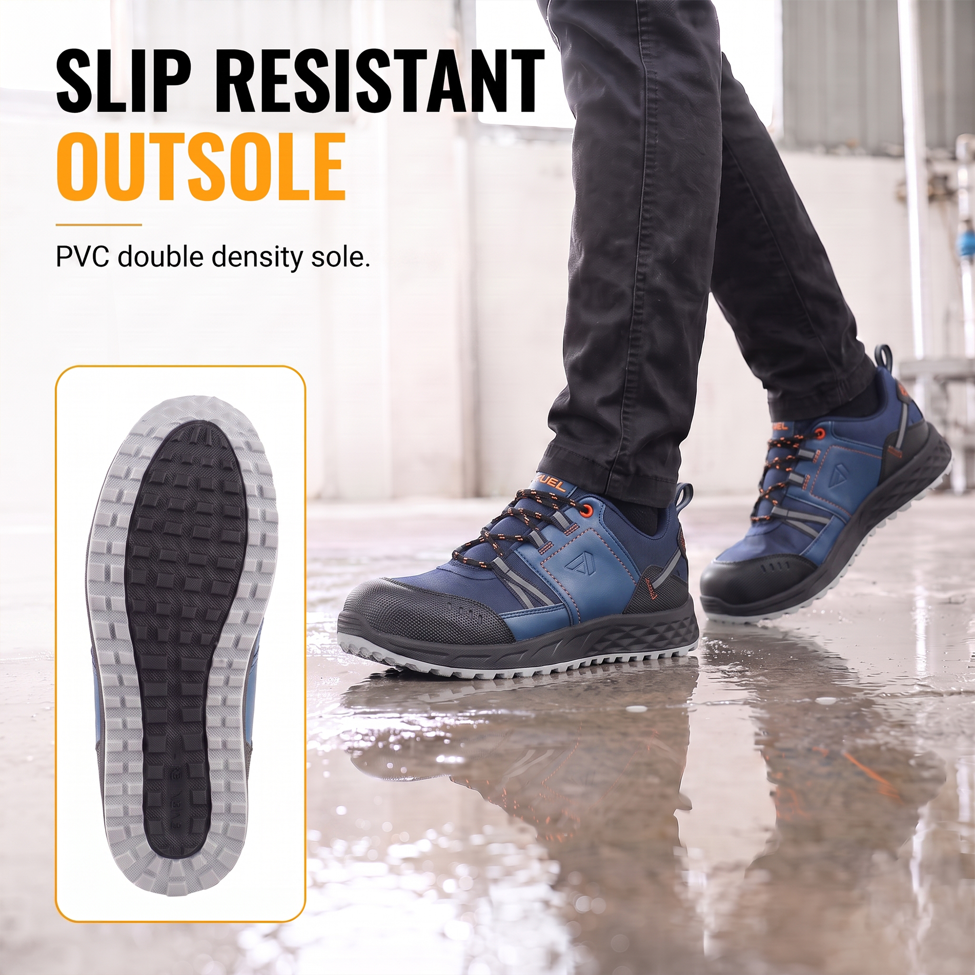 FUEL Flute Synthetic Upper & PVC double density Sole Industrial Steel Toe Safety Shoes for Men (Blue)